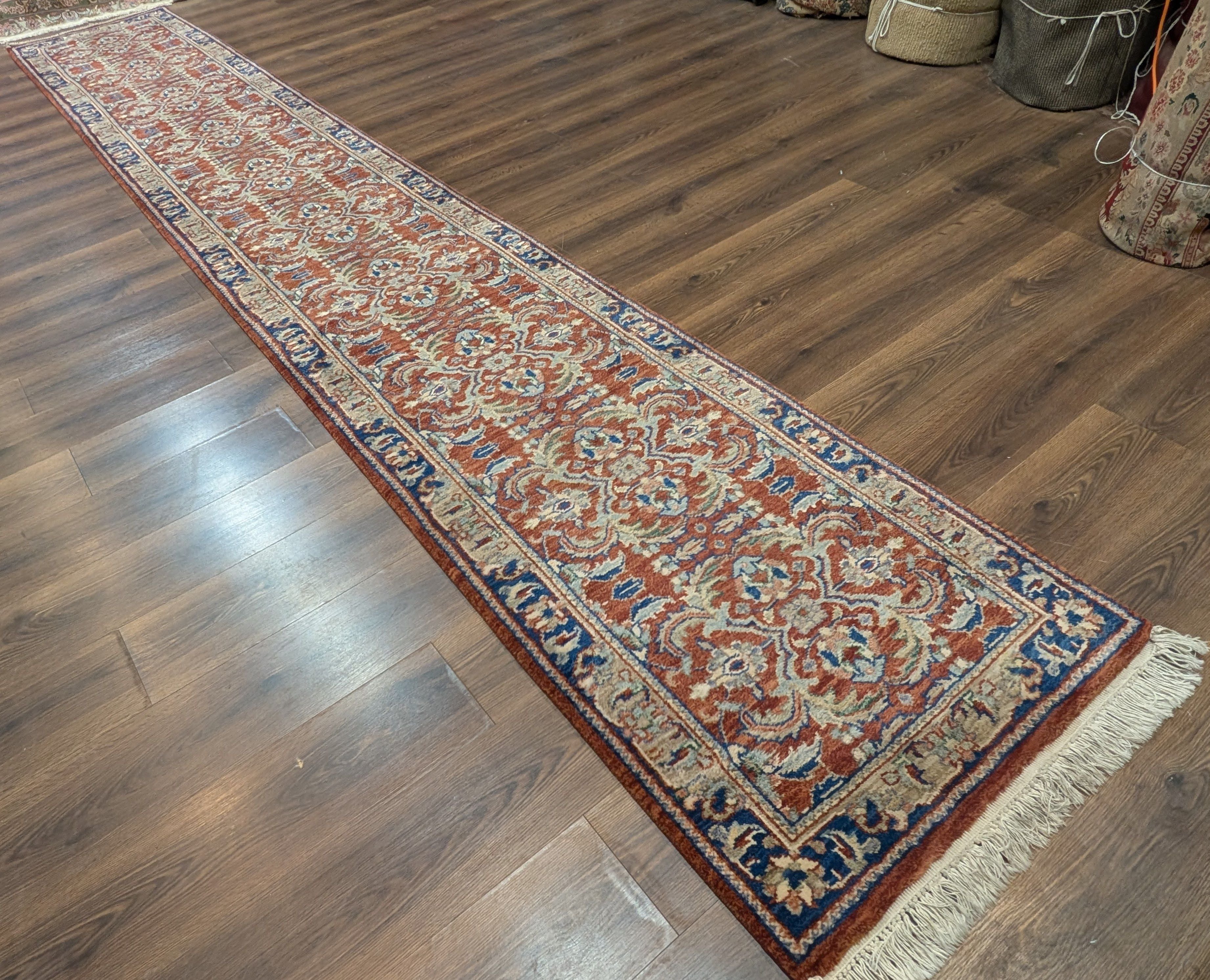 Indo Persian Runner Rug 2.6 x 16, Long Narrow Rug for Hallway, Brick Red and Blue - Jewel Rugs