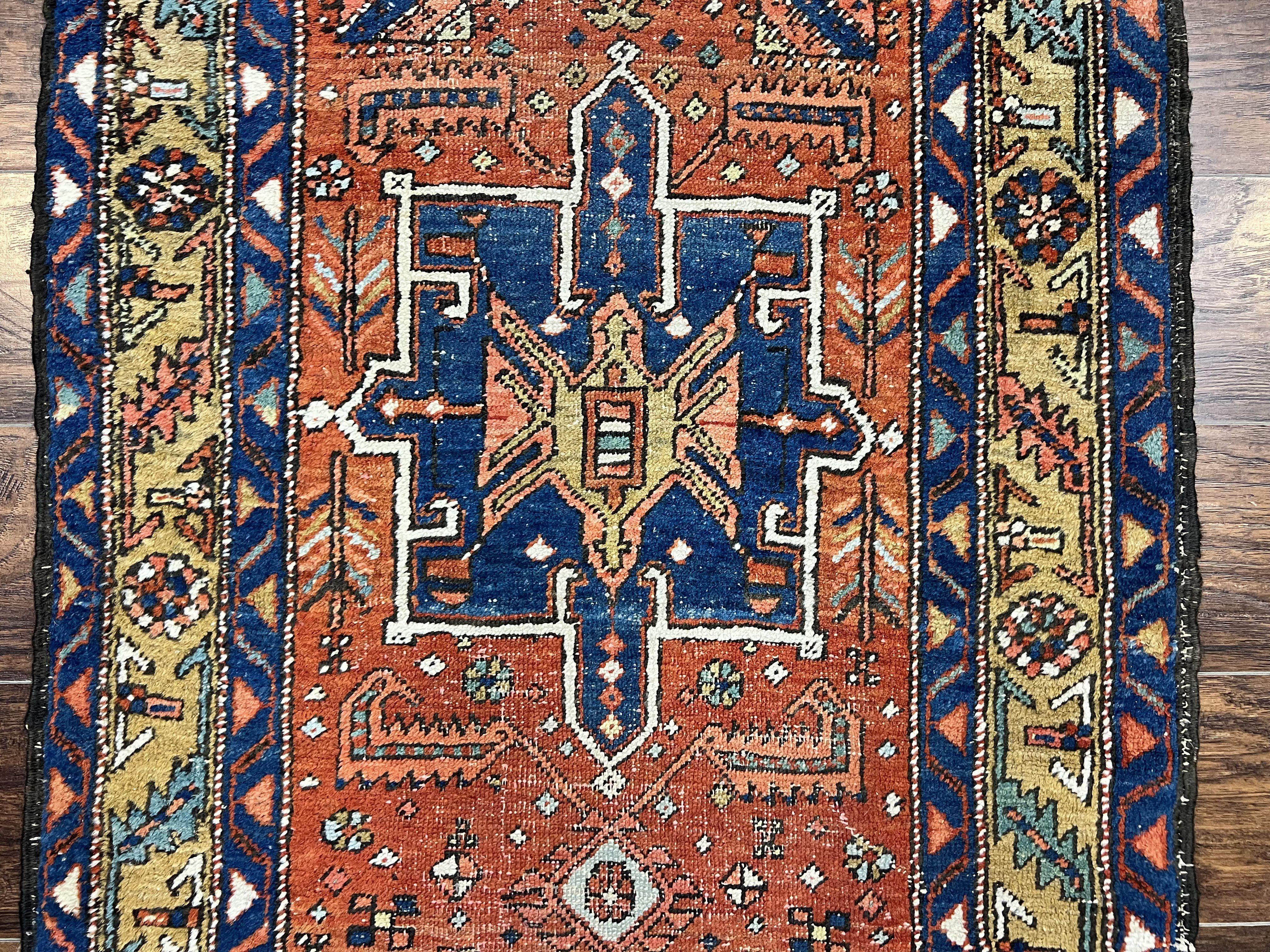 Colorful Persian Karajeh Runner Rug 3 x 10.7, Geometric Heriz Design, Antique Oriental Rug for Hallway, Orange-Red Blue, Handmade Tribal Runner - Jewel Rugs