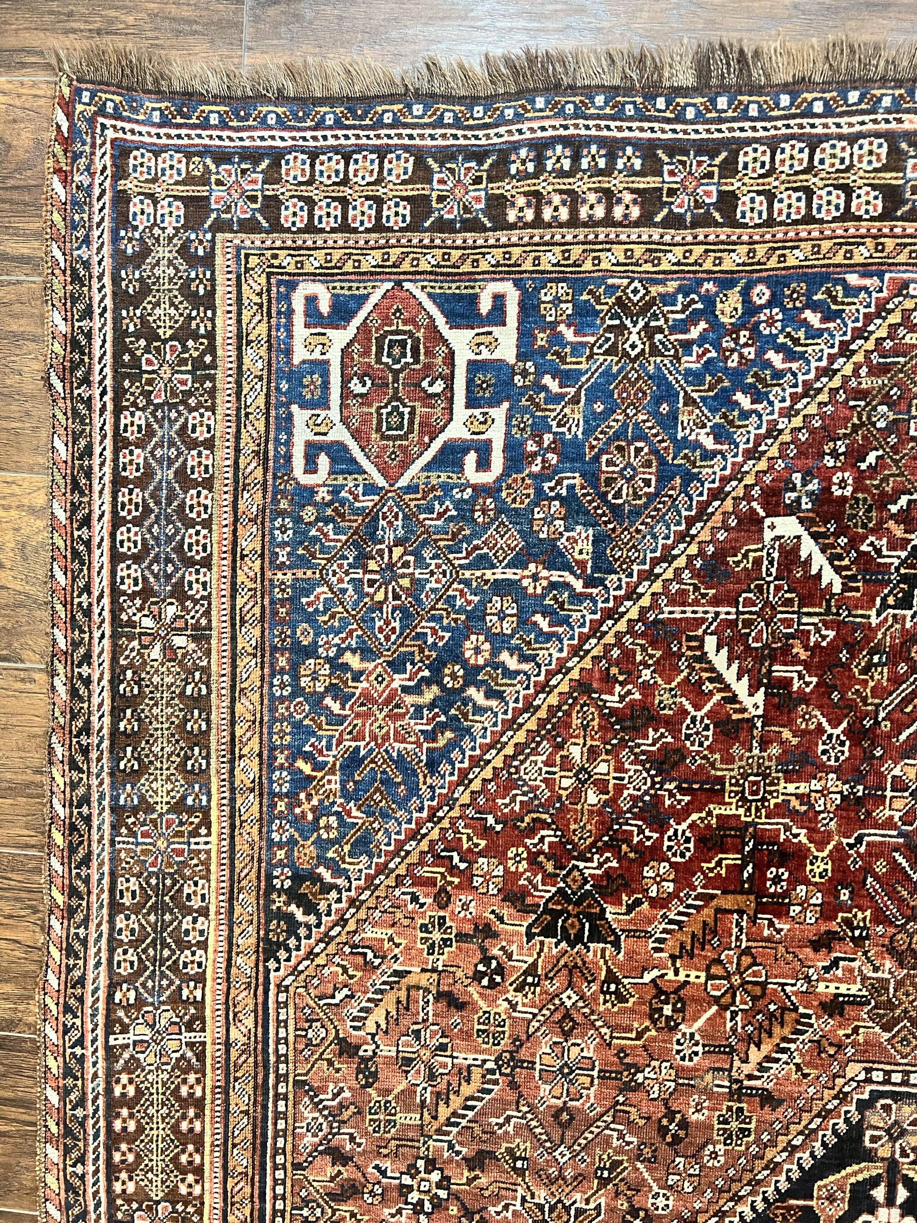Antique Persian Shiraz Tribal Rug 6x8, Geometric Rug, Wool Handmade Hand Knotted Carpet, Red Blue - Jewel Rugs