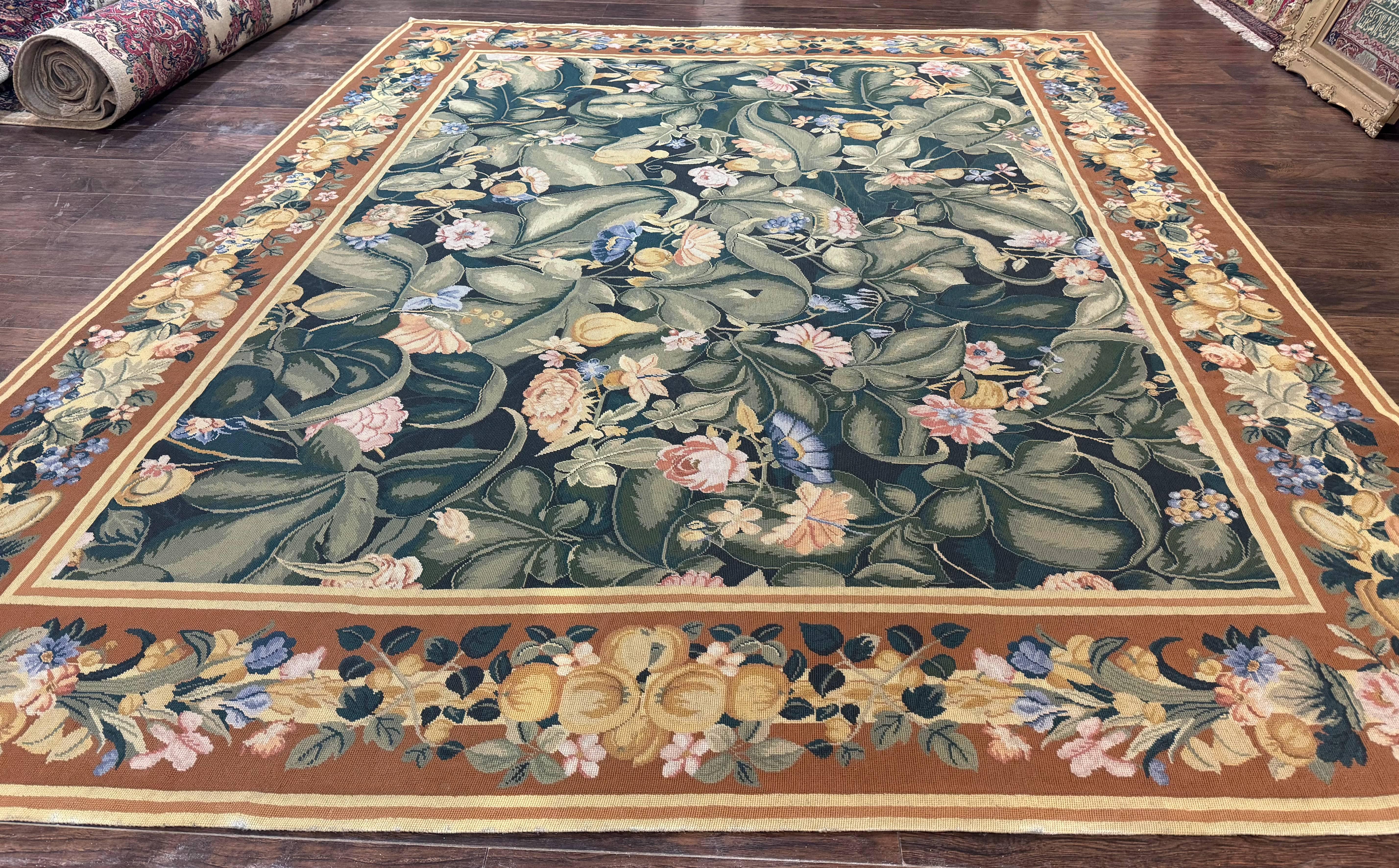 Needlepoint Rug 8x10, Vintage, Handmade, Wool, Green, Leaves & Fruits - Jewel Rugs