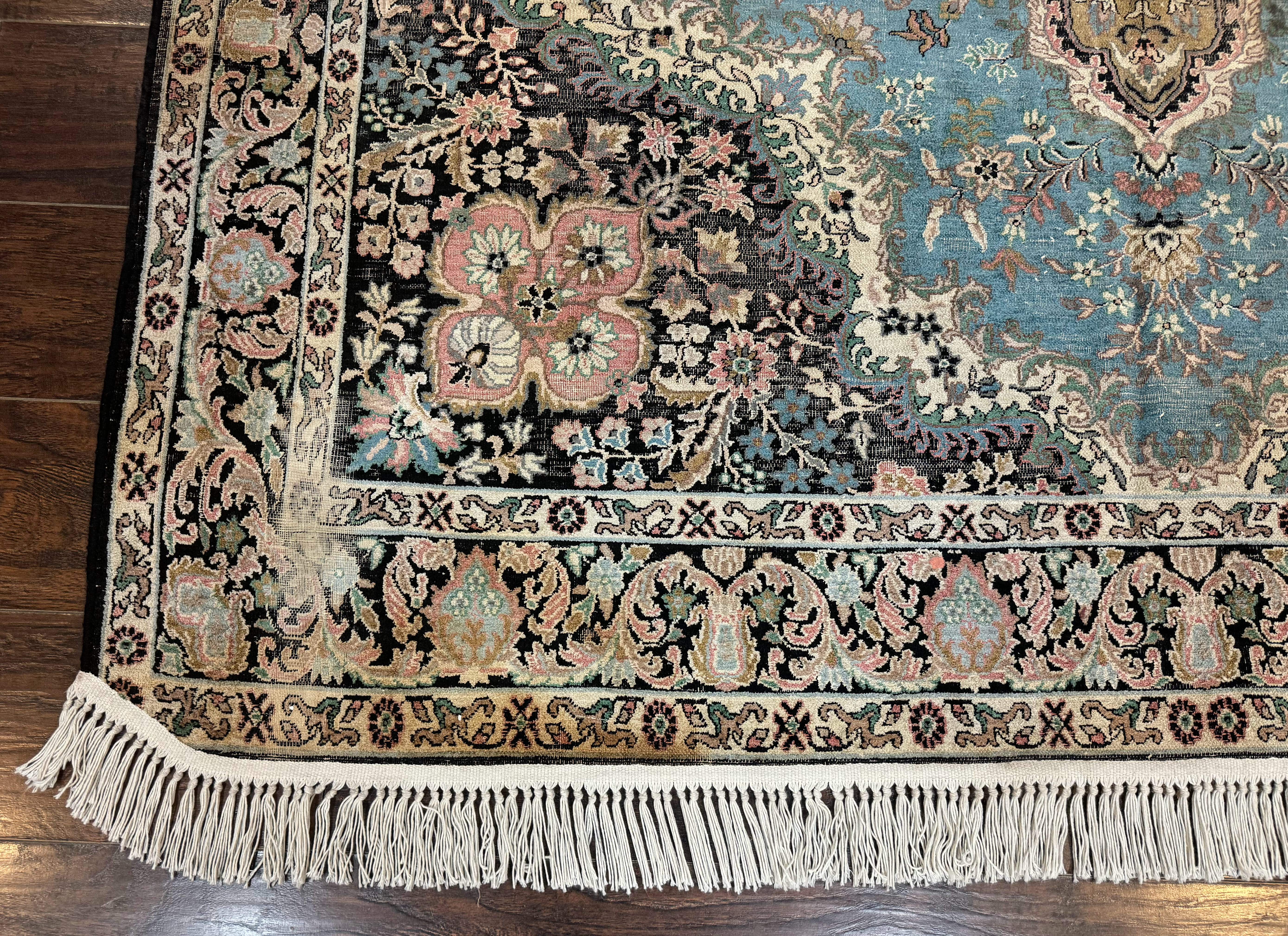 Silk Indian Kashmiri Rug 7x10 – Light Blue, Handmade Vintage Carpet, Low Pile - Jewel Rugs