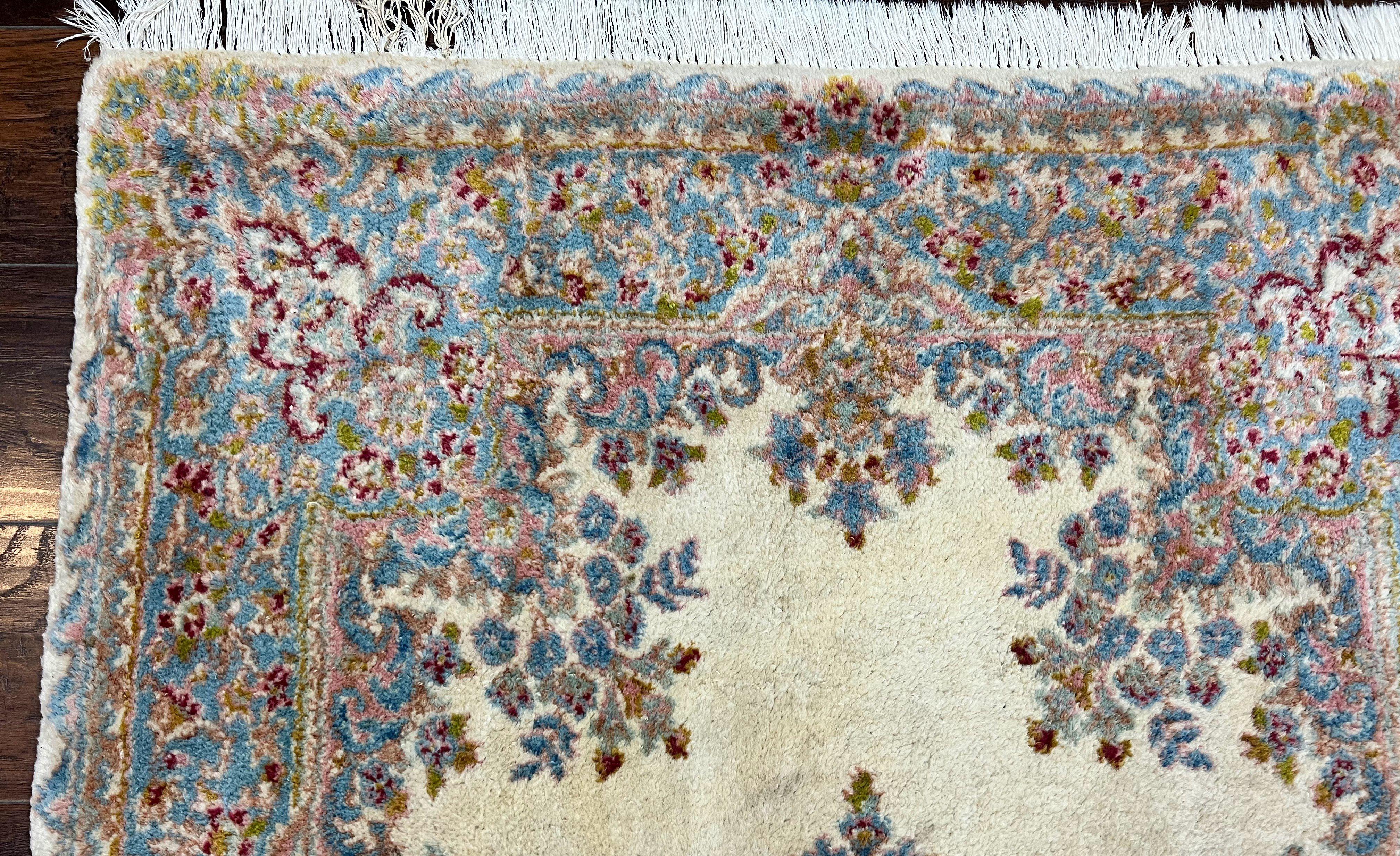 Persian Kirman Rug 4x7, Wool Handmade Vintage Carpet, Cream & Light Blue, Semi Open Field, Traditional Oriental Rug - Jewel Rugs