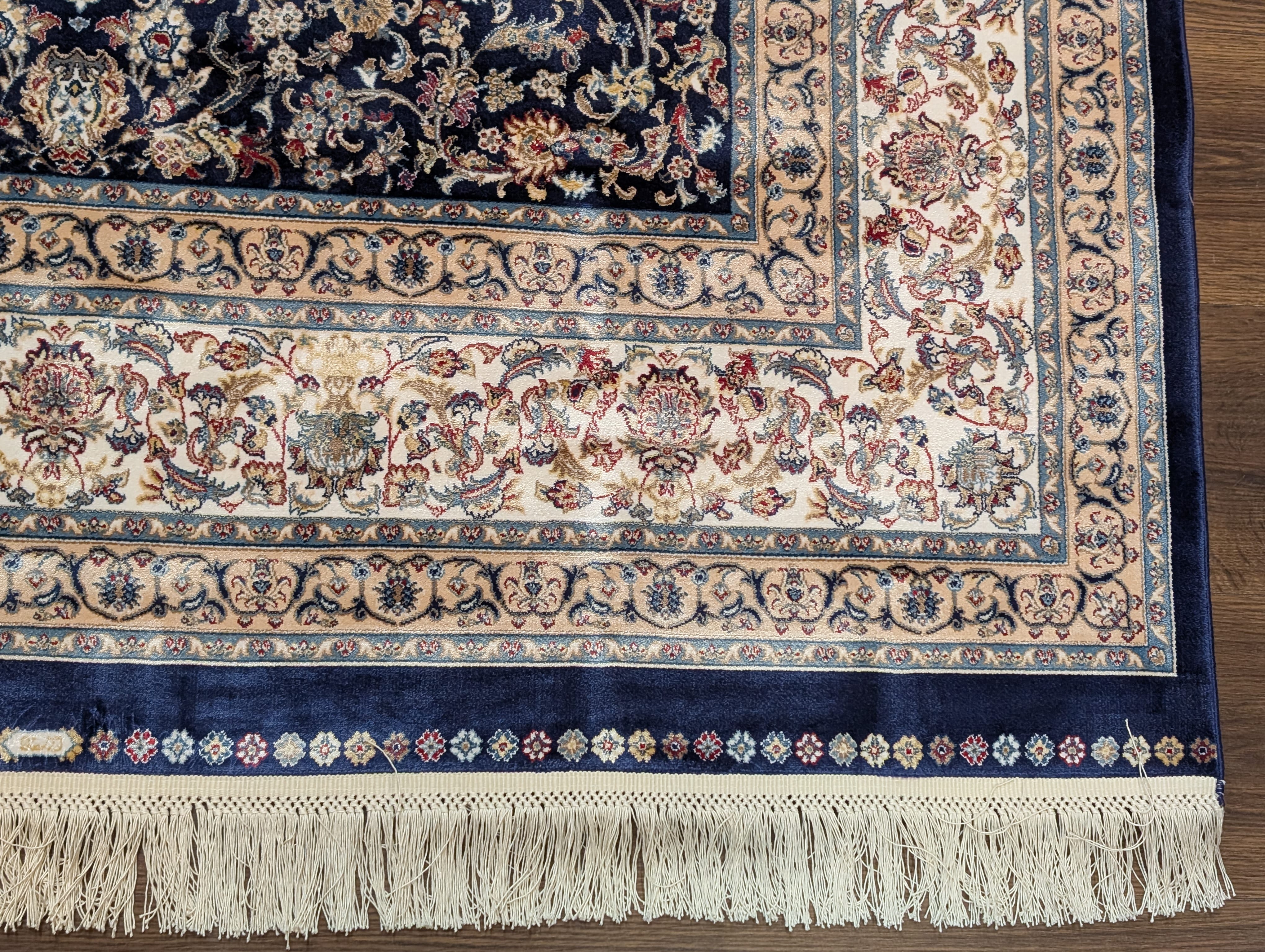 Square Turkish Silk Rug 5x5, Navy Blue and Ivory, Floral, Fine, Detailed, New, Bamboo Silk - Jewel Rugs