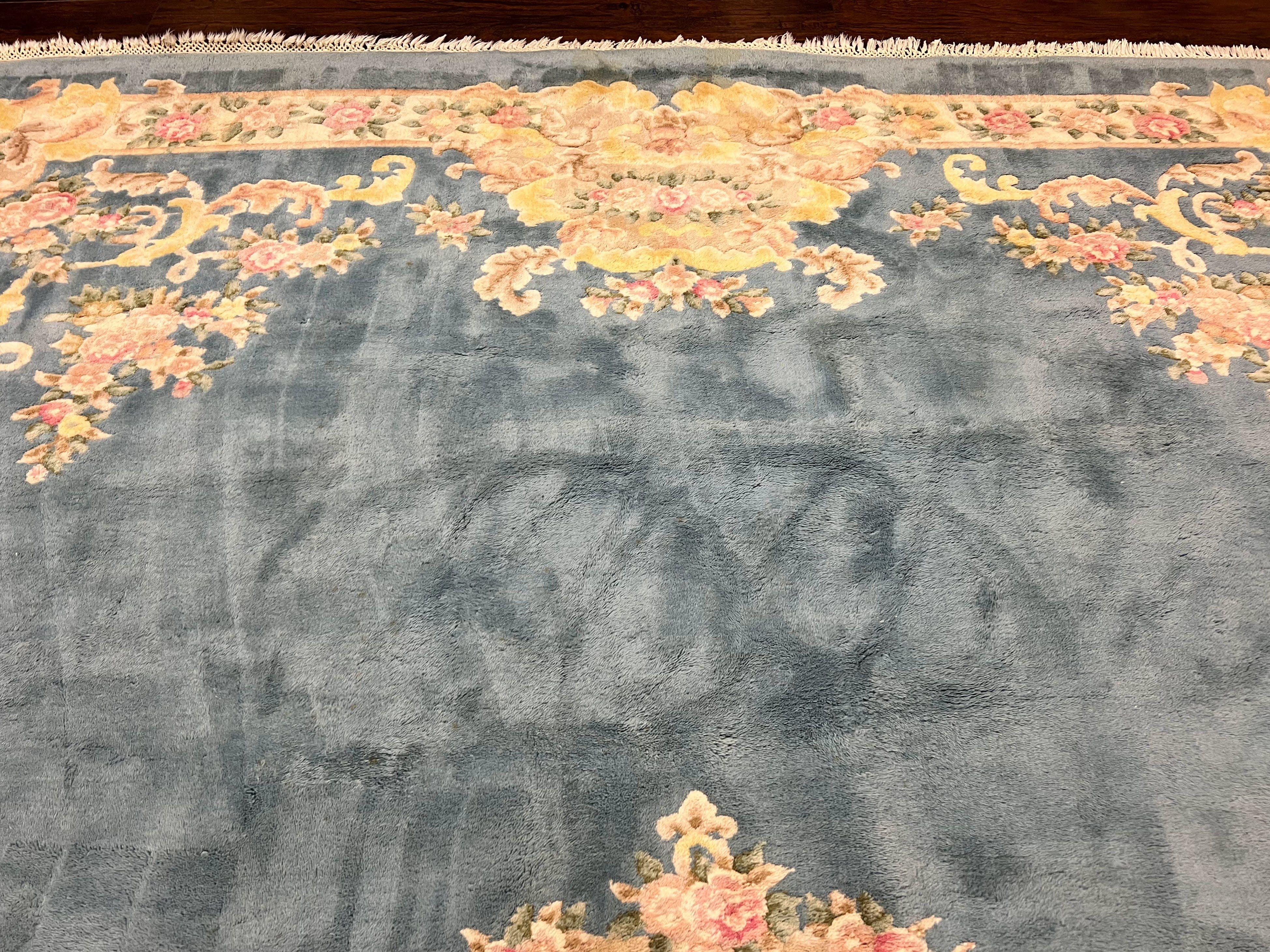 Indo Chinese Rug 9x14, Wool Hand Knotted Vintage Carpet, Light Blue Cream Beige, Aubusson European Design Rug 9 x 14 - Jewel Rugs