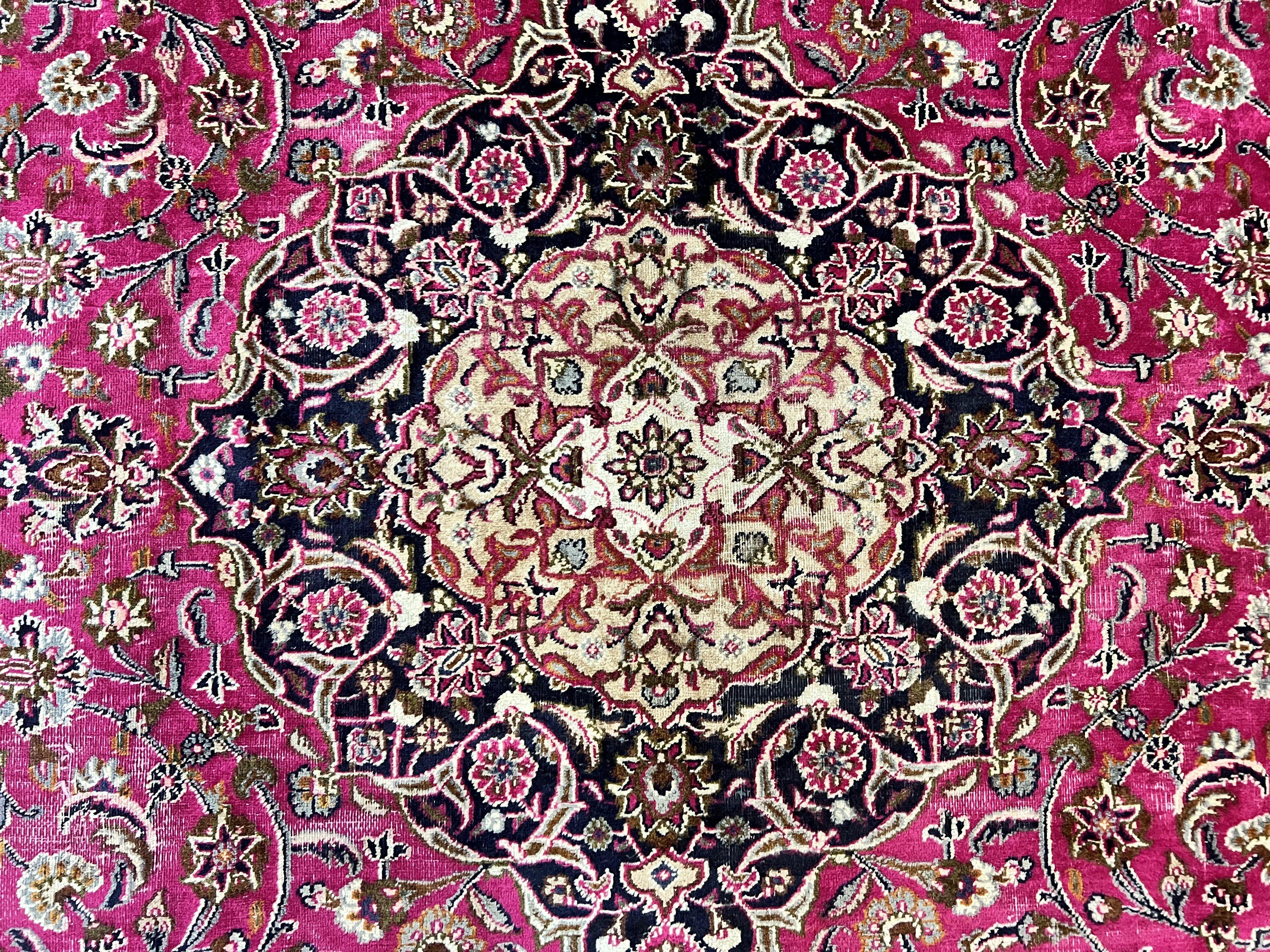 Persian Rug 10x13, Wool Hand Knotted Antique Kashmar Carpet, Raspberry Red & Navy Blue, Floral Medallion, Traditional Oriental Rug 10 x 13 - Jewel Rugs