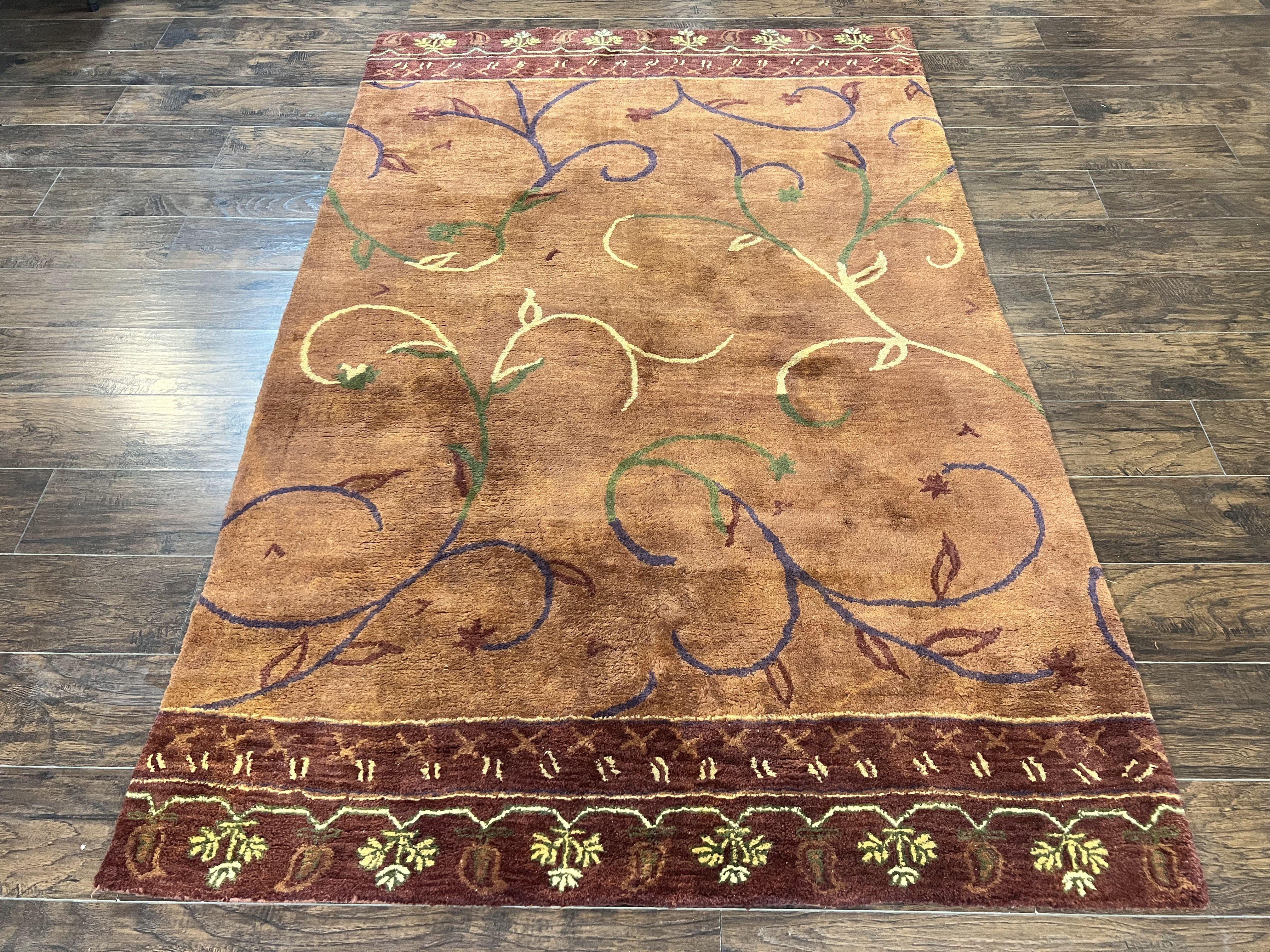 Pottery Barn Rug 5x8, Vintage Hand Tufted Carpet, Wool and Silk, Rust & Maroon - Jewel Rugs