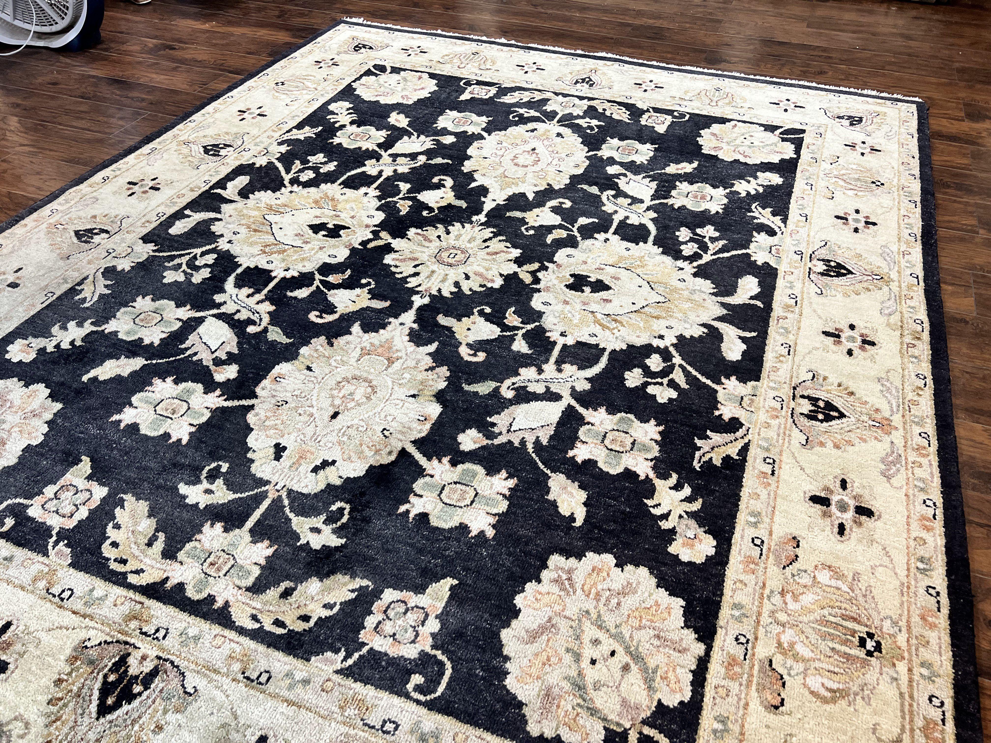 Indo Mahal Rug 8x10, Black and Beige, Vintage Rug 8 x 10 ft, Floral, Handmade Wool Carpet - Jewel Rugs