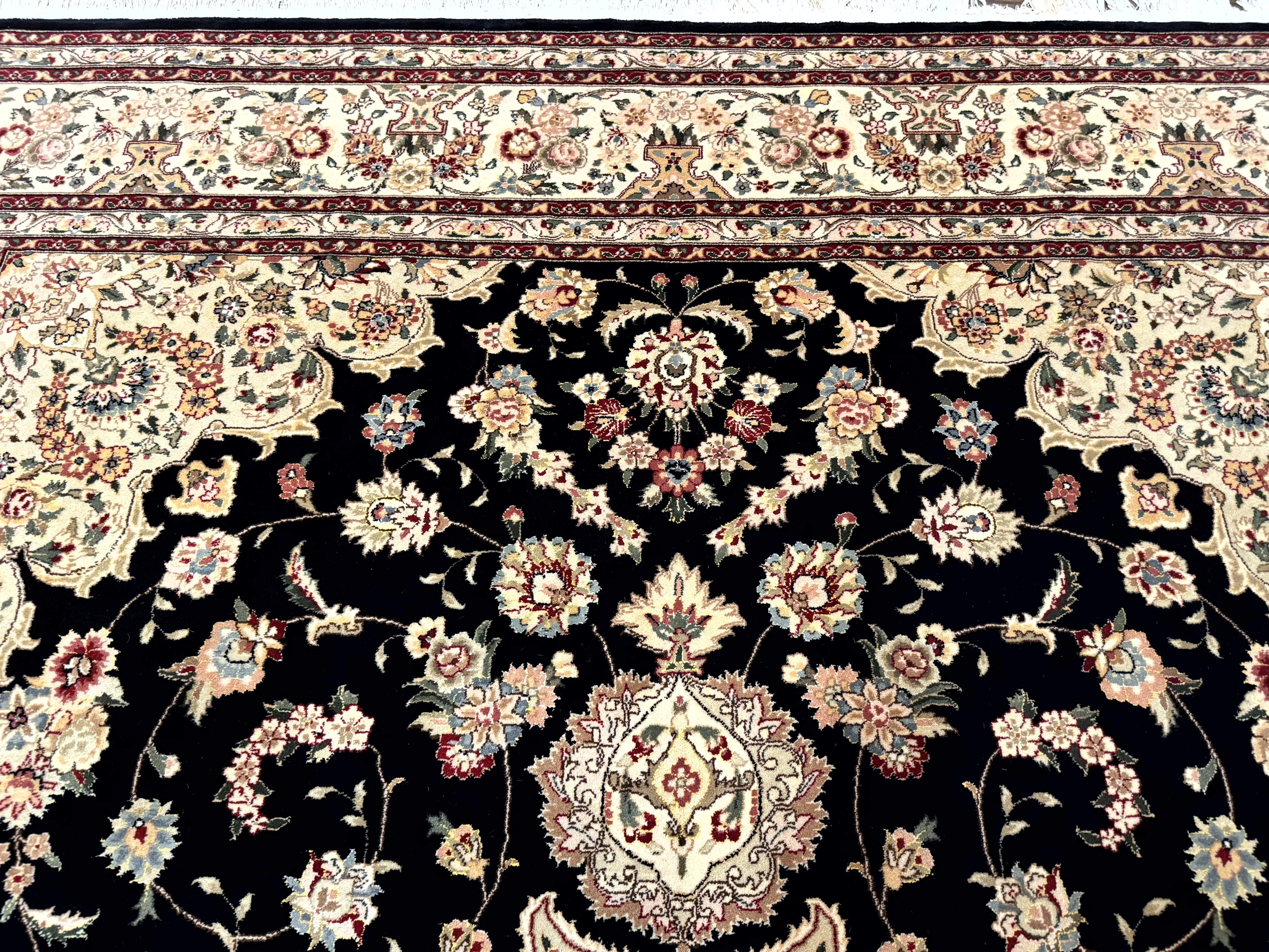 Sino Persian Rug 9x12, Black and Beige, Floral Medallion, Wool & Silk, Handmade - Jewel Rugs
