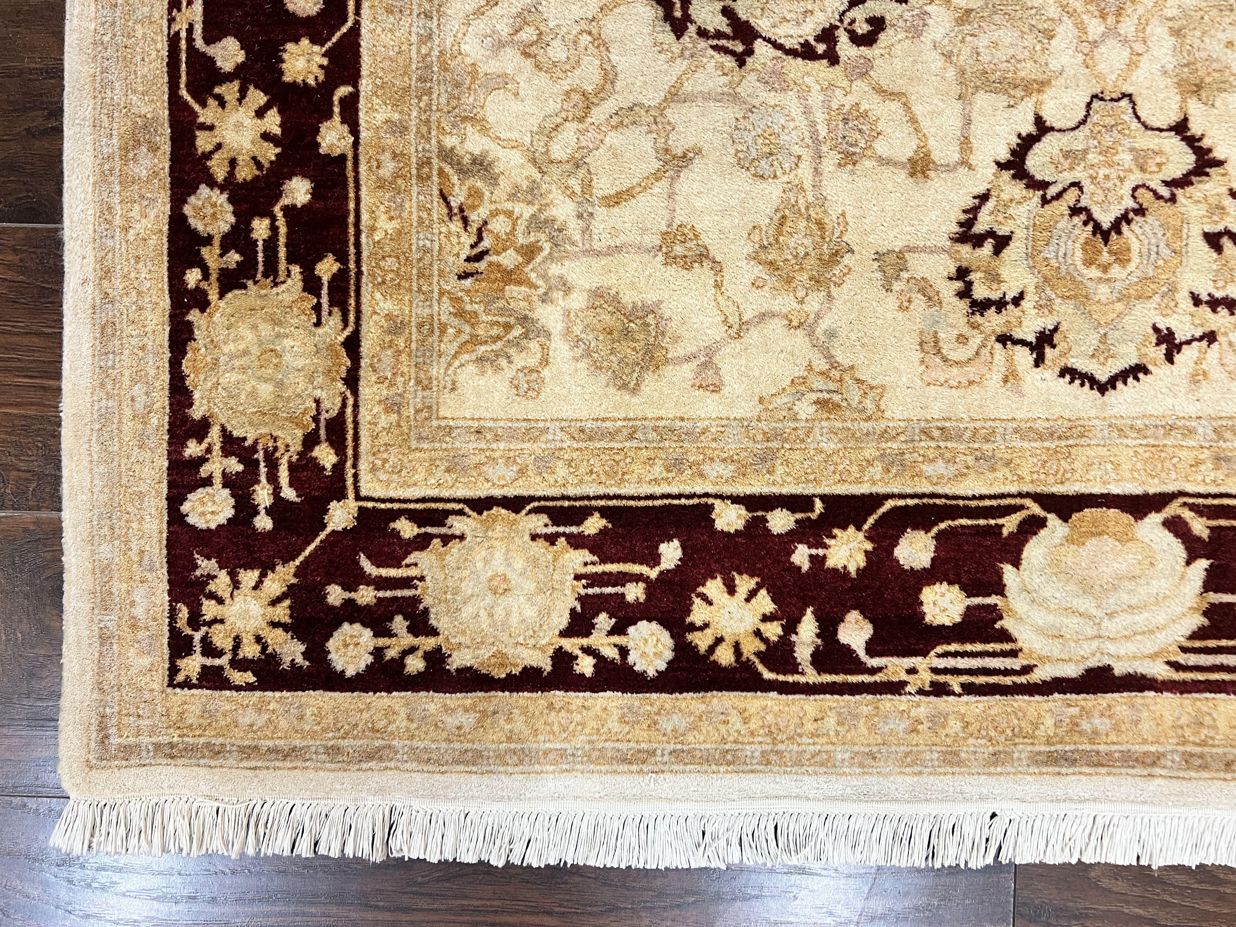 Peshawar Rug 5x7, Beige and Maroon, Vintage Handmade Wool Traditional Carpet 5 x 7 ft, Pakistani Rug, Agra Pattern, Very Fine 260 KPSI - Jewel Rugs