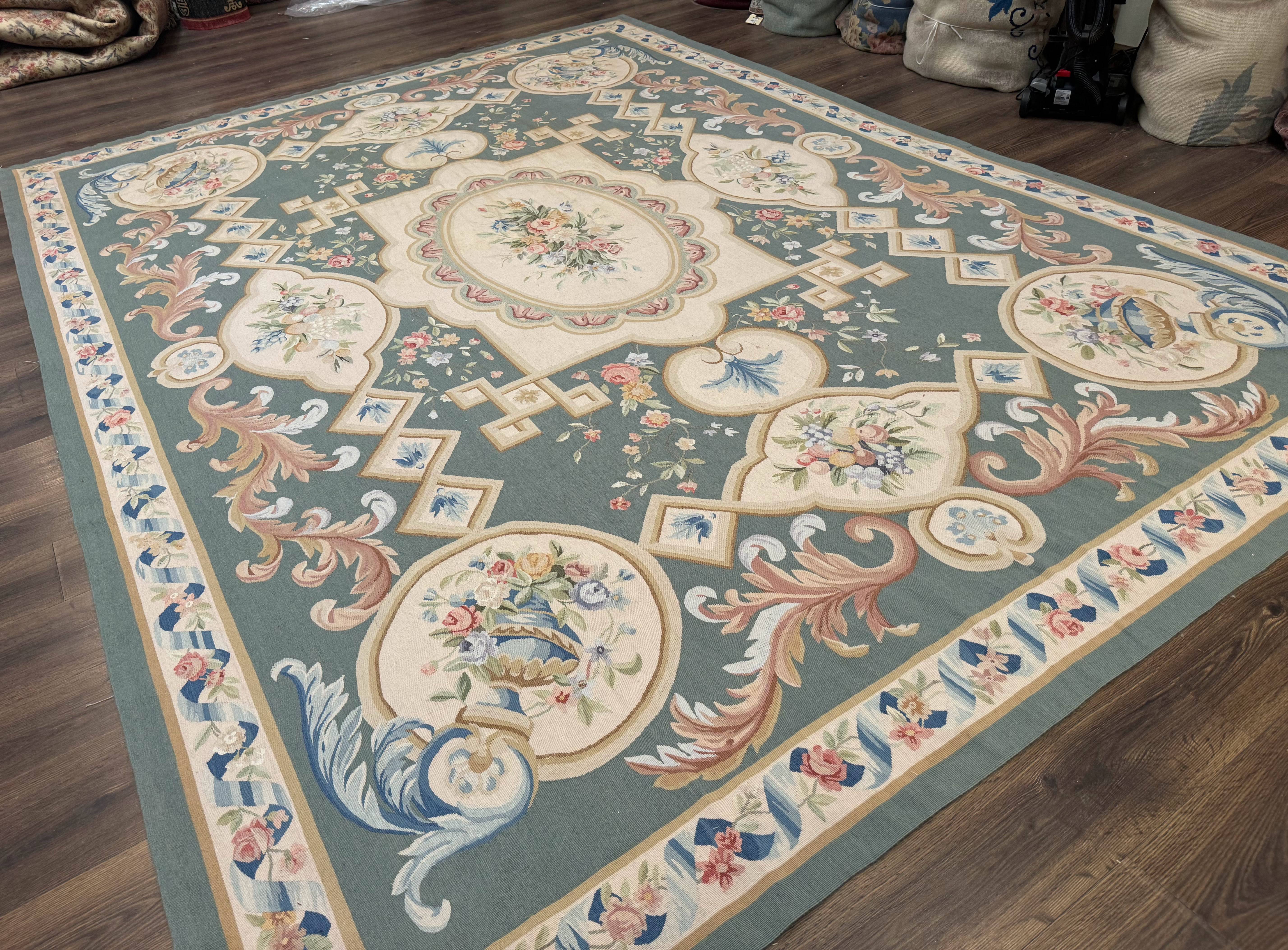 Aubusson Rug 9x12, Muted Sage Green and Cream, European Design - Jewel Rugs