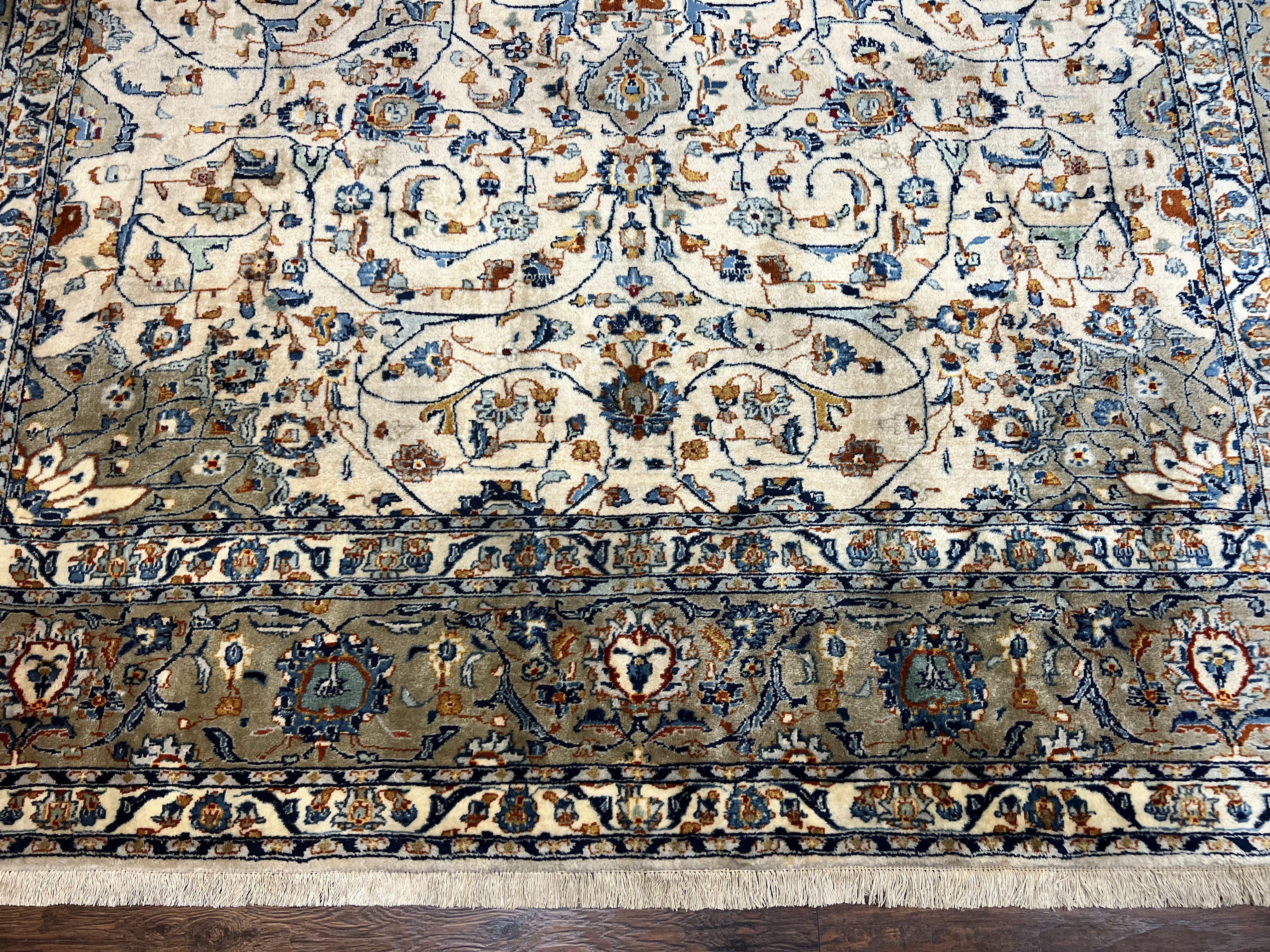 Persian Kashan Rug 10x13, Floral Medallion, Cream, Hand Knotted Antique Persian Carpet, Large Wool Rug - Jewel Rugs