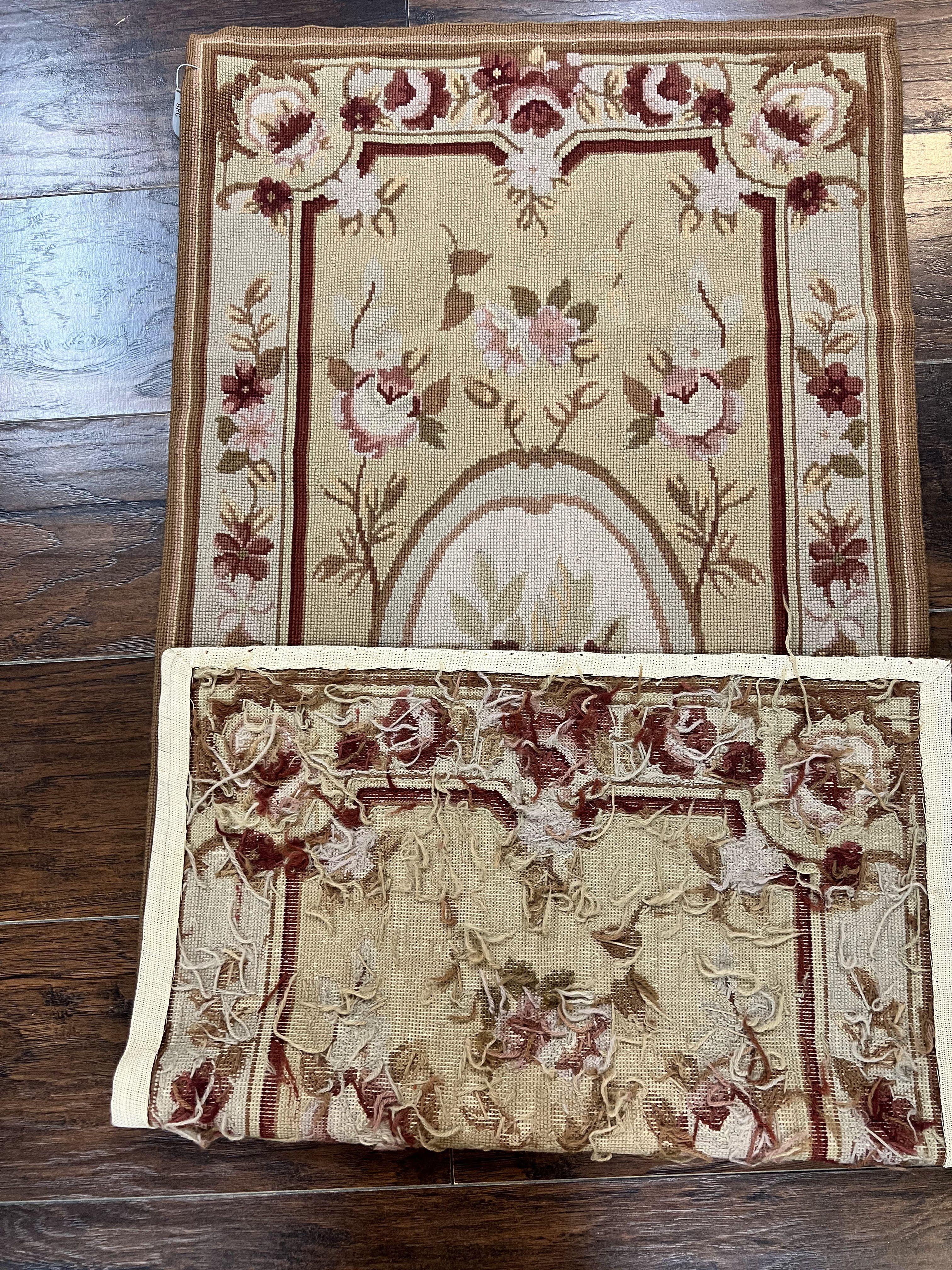 Small Needlepoint Rug 2x4, Wool Handmade Vintage Carpet, Beige Ivory Floral Roses Aubusson Rug - Jewel Rugs