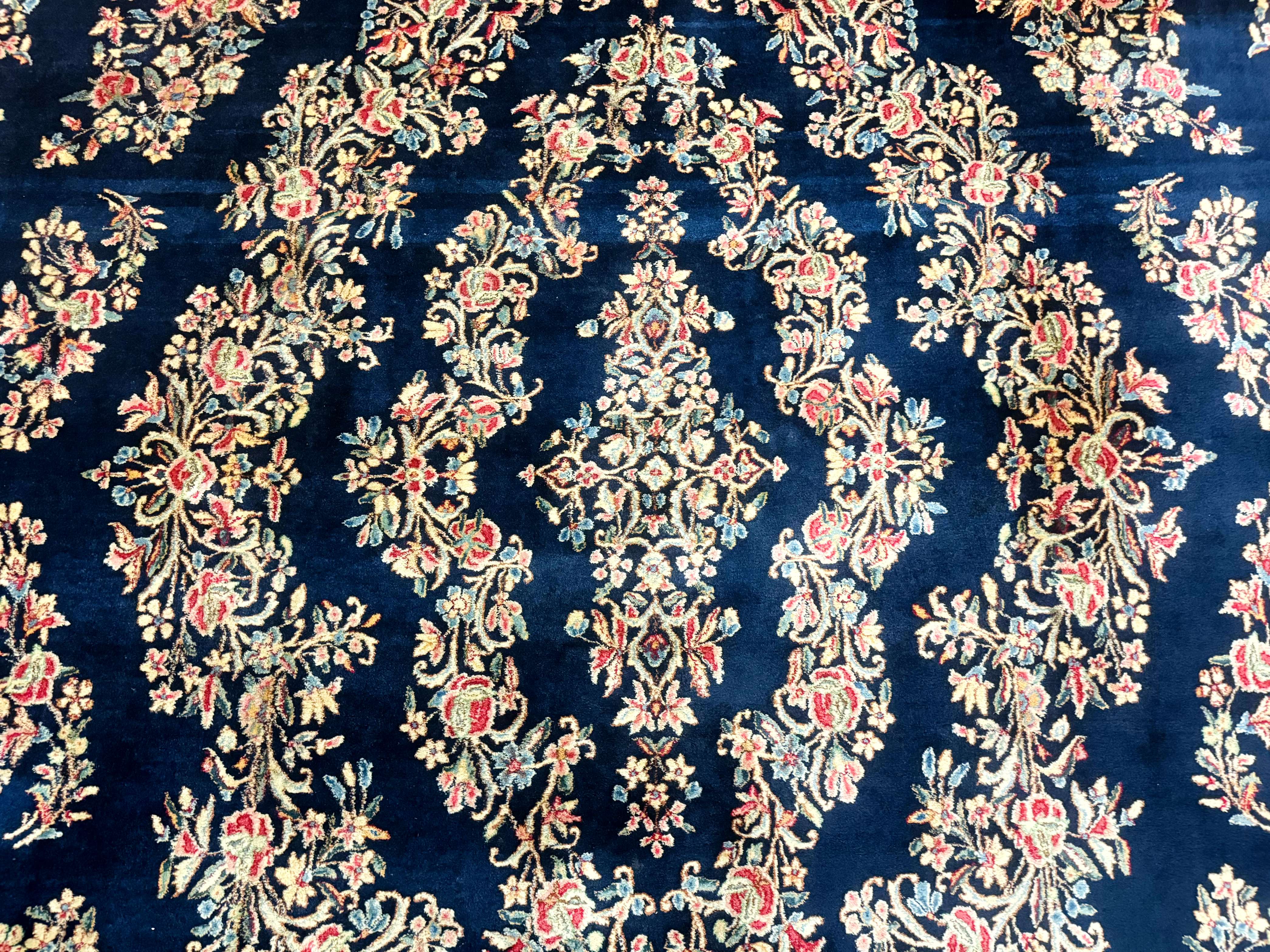 Antique Persian Kerman Rug 10x13, Navy Blue Floral Carpet, Fine 270 KPSI - Jewel Rugs