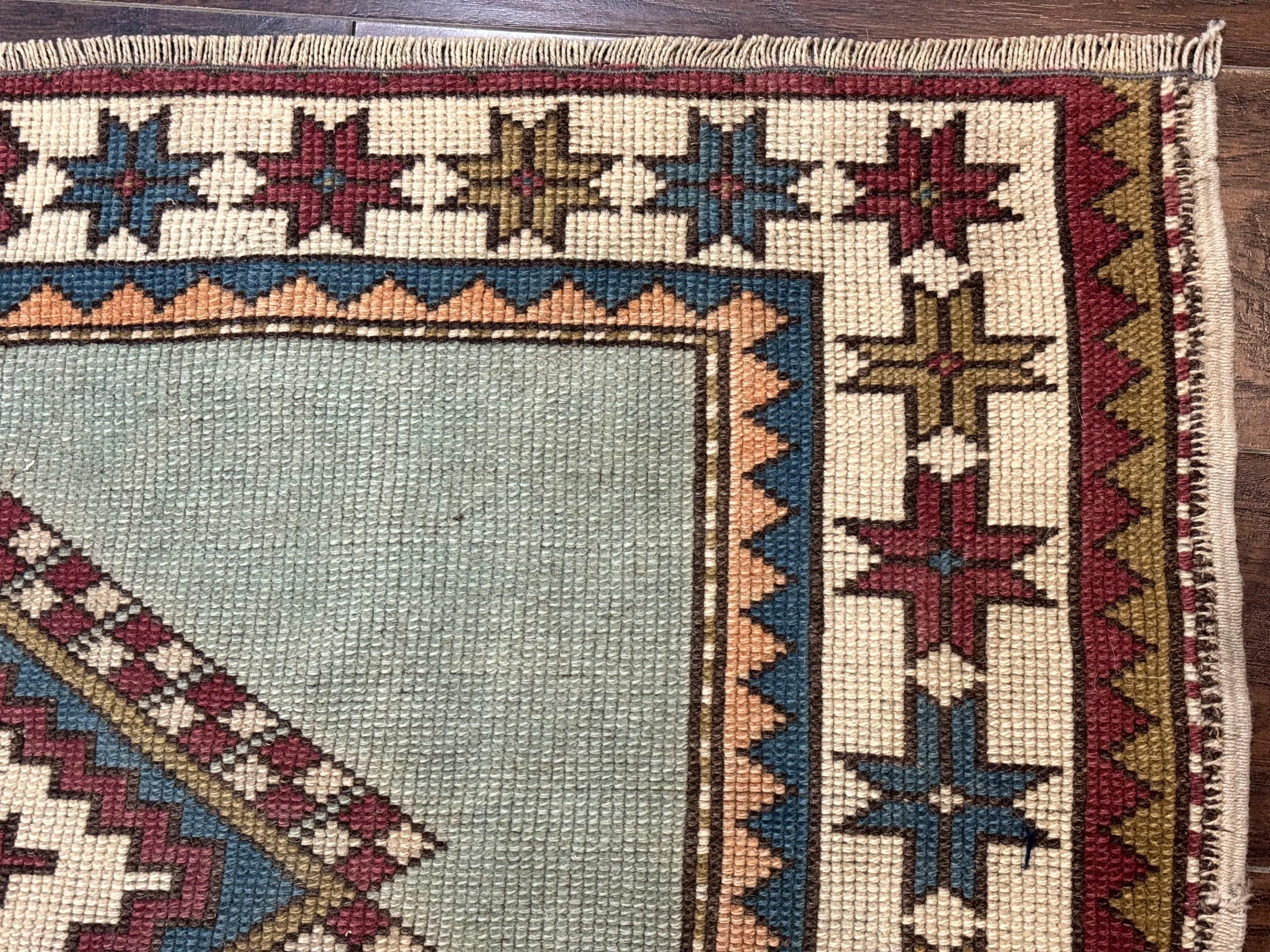 Turkish Kazak Rug 4x6, Geometric Medallion, Caucasian Design Rug, Semi Antique Vintage, Mint Green Maroon Ivory - Jewel Rugs