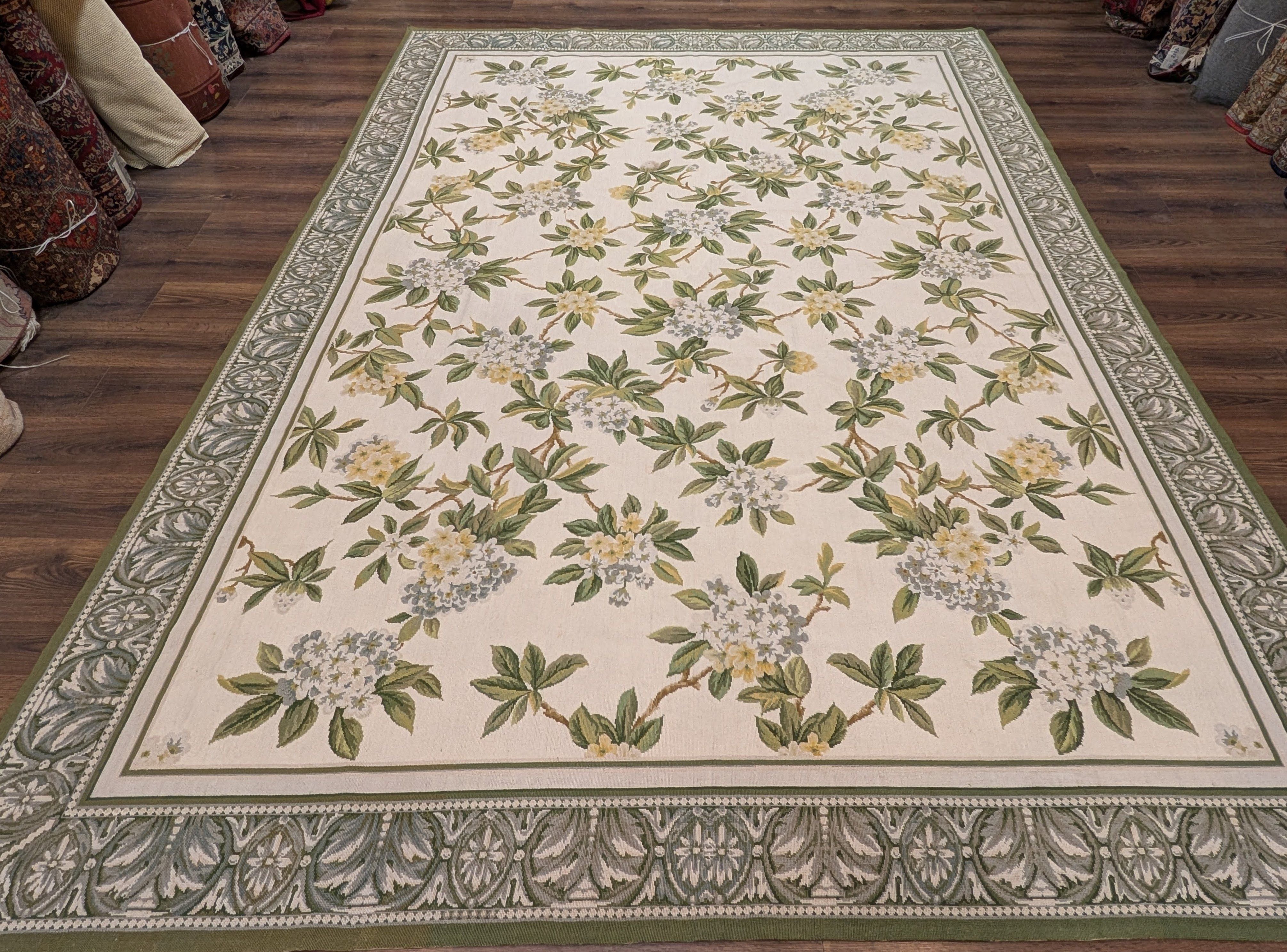 Needlepoint Rug 9x12, Floral, Ivory and Green, Wool - Jewel Rugs