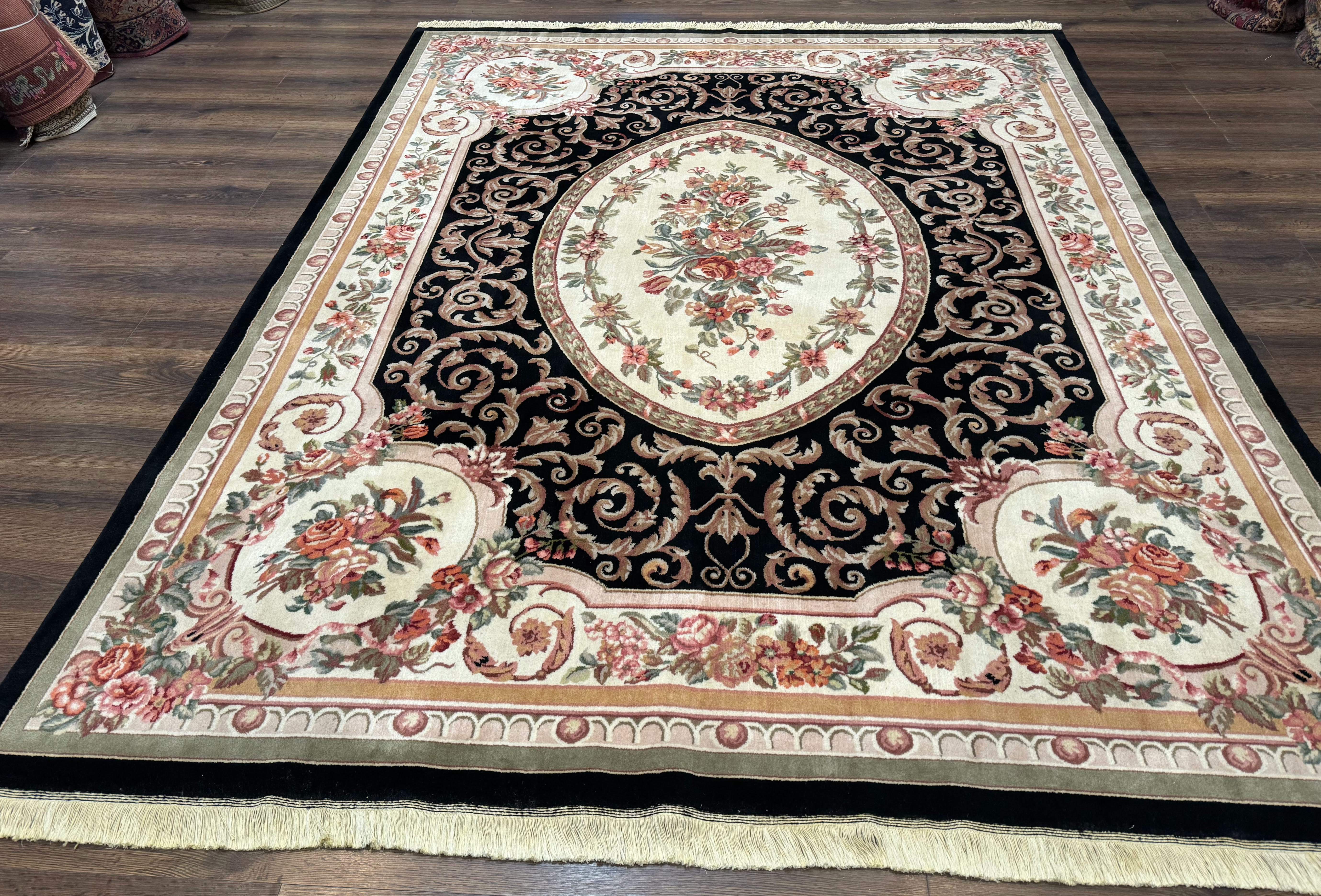 Aubusson Rug 8x10 – Black and Ivory, Hand-Knotted Wool, Vintage Carpet - Jewel Rugs