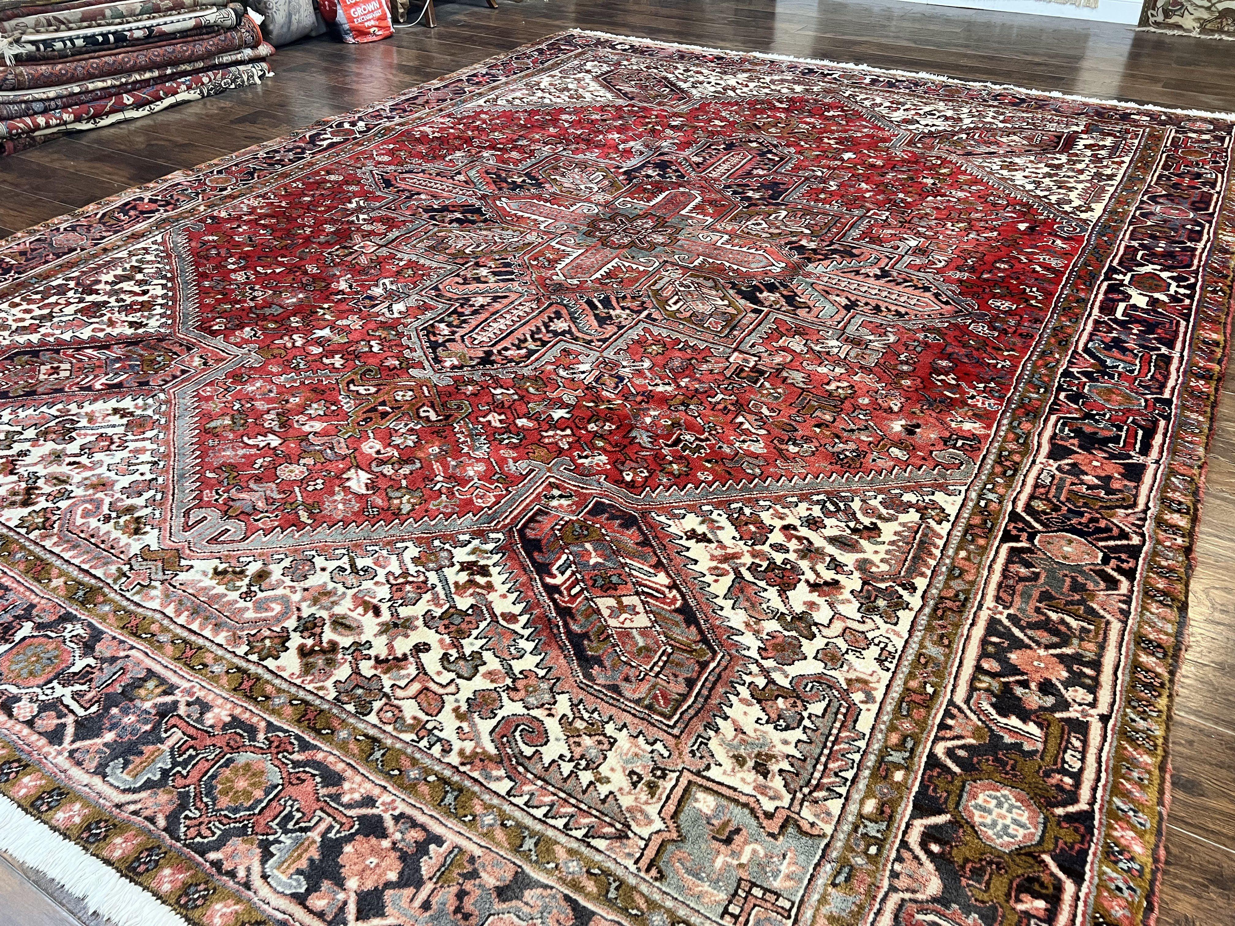 Large Persian Heriz Rug 10x13, Wool Hand Knotted Antique Carpet, Red and Ivory, Geometric Tribal Room Sized Rug, Decorative Oriental Rug - Jewel Rugs