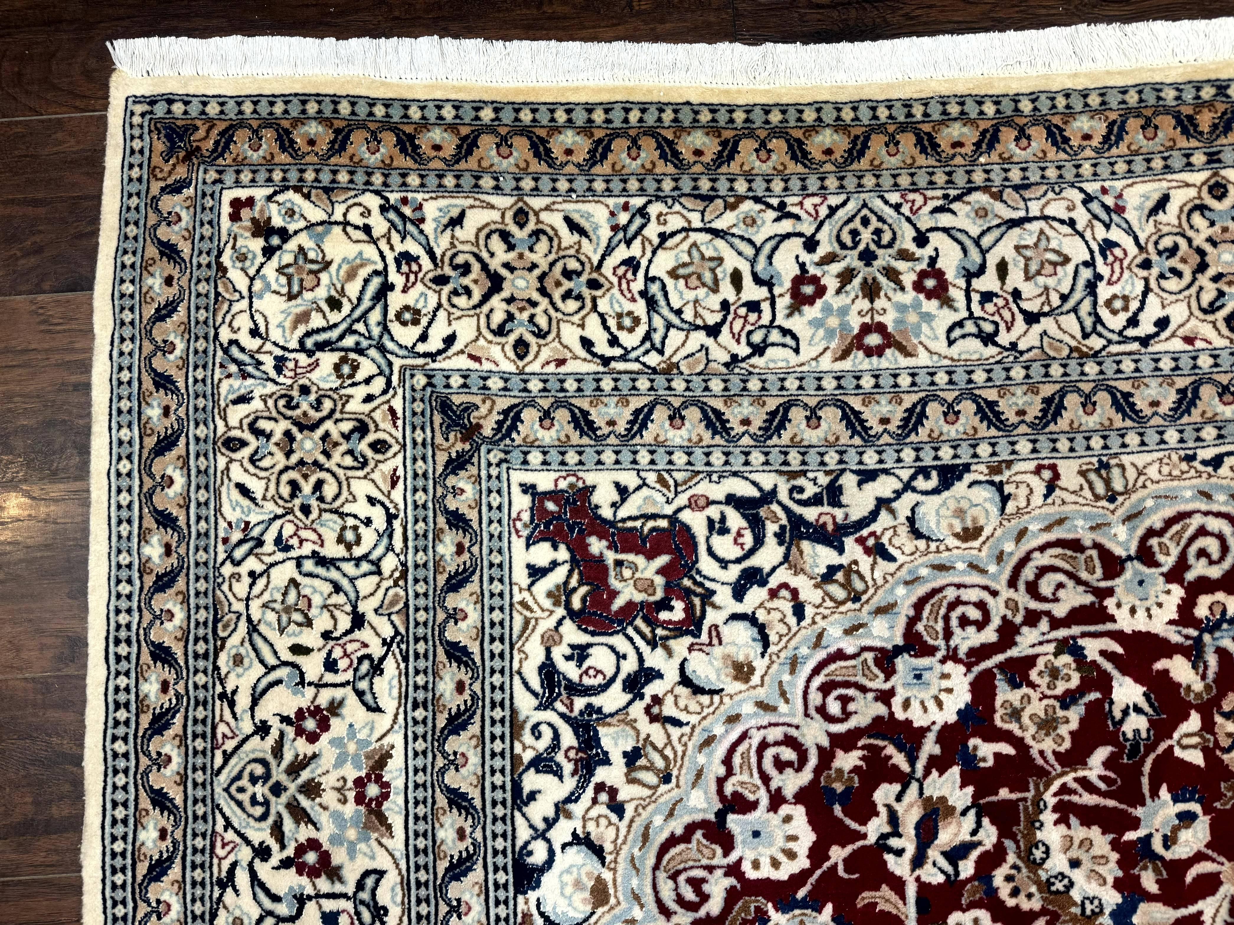 Persian Nain Rug 8x11, Wool and Silk Highlights, Burgundy & Ivory - Jewel Rugs