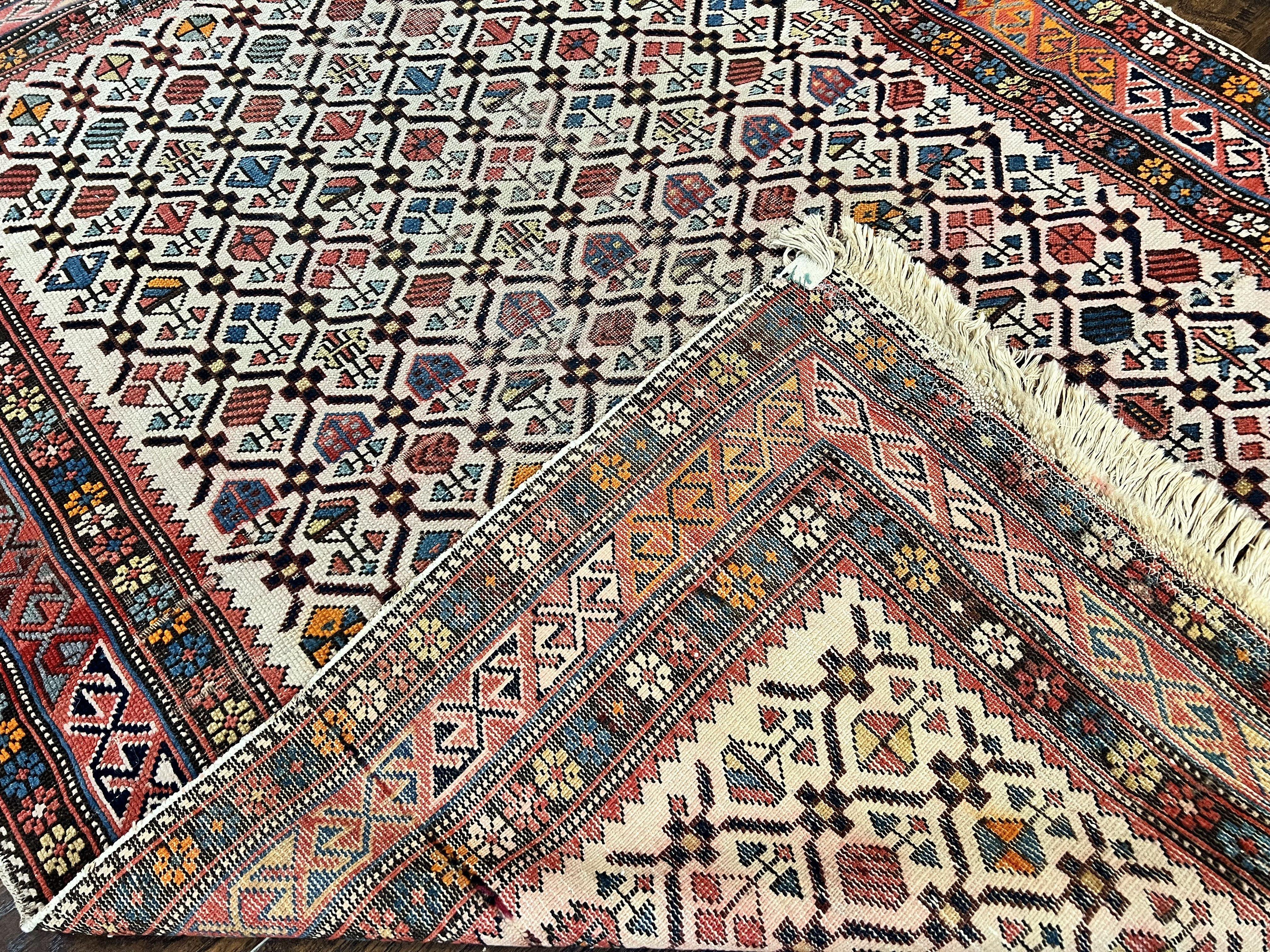 Antique Caucasian Rug 4x5, Hand Knotted Handmade Shirvan Oriental Carpet, Ivory Red Rug Allover Pattern, Rare Wool Rug, Tribal Geometric Rug - Jewel Rugs