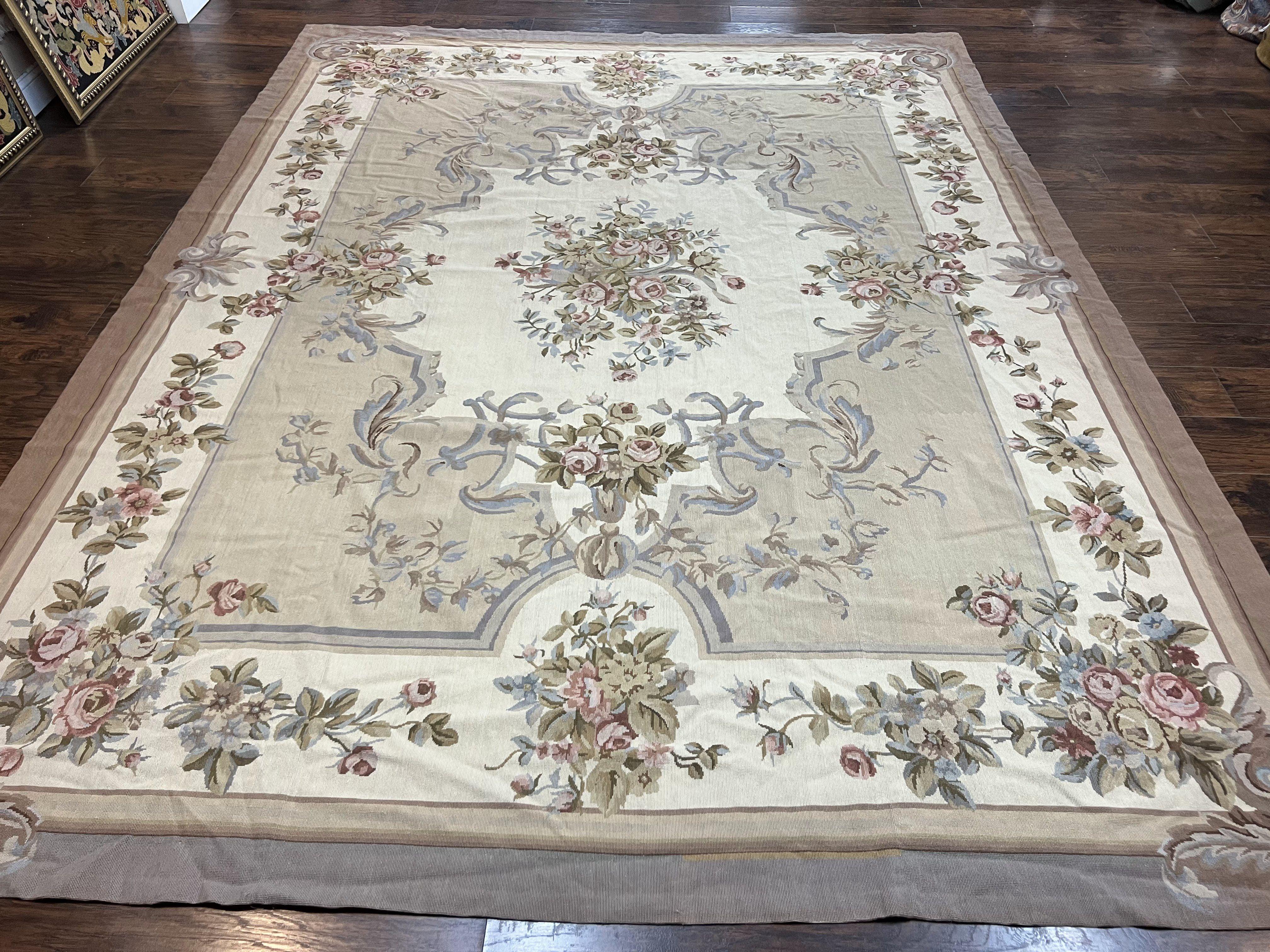 Aubusson Needlepoint Rug 9x12, VIntage Handmade Wool Beige Floral European Elegant Rug 9 x 12, Floral Roses - Jewel Rugs