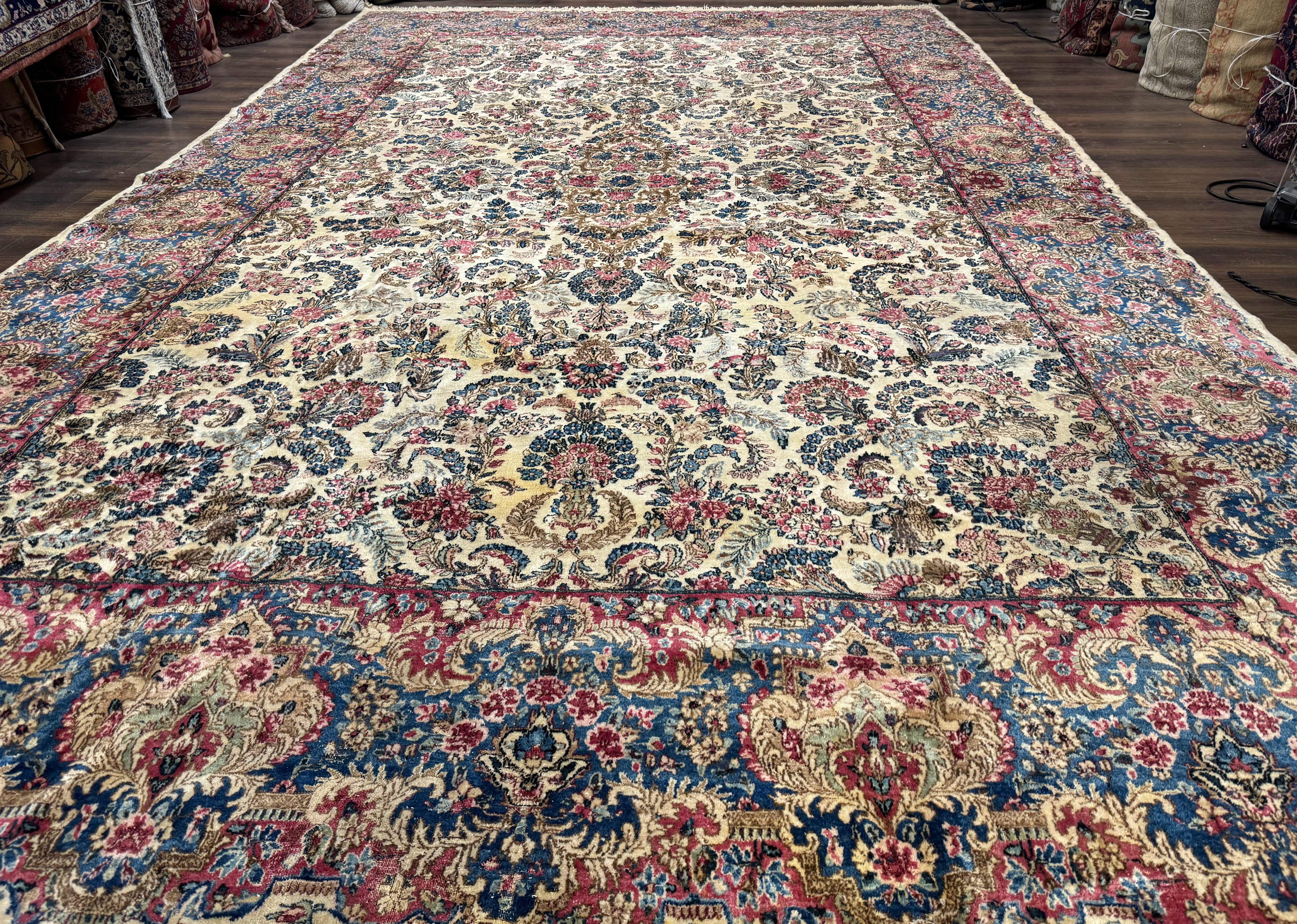 Palace Size Persian Kerman Rug 11x18, Ivory Blue Pink, Floral, Wool, Antique, 200 KPSI - Jewel Rugs