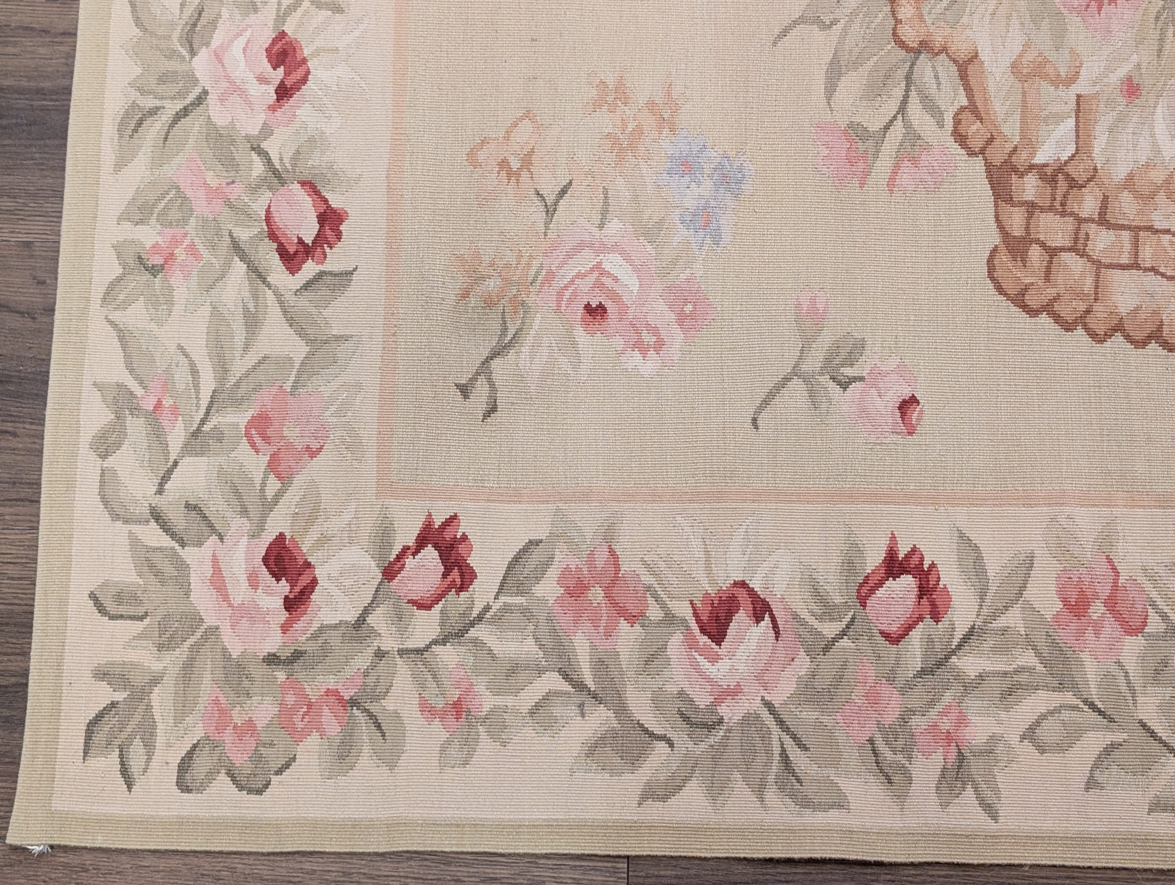 Square Aubusson Rug 4.8 x 5, French Vintage Floral European Wool Carpet - Jewel Rugs