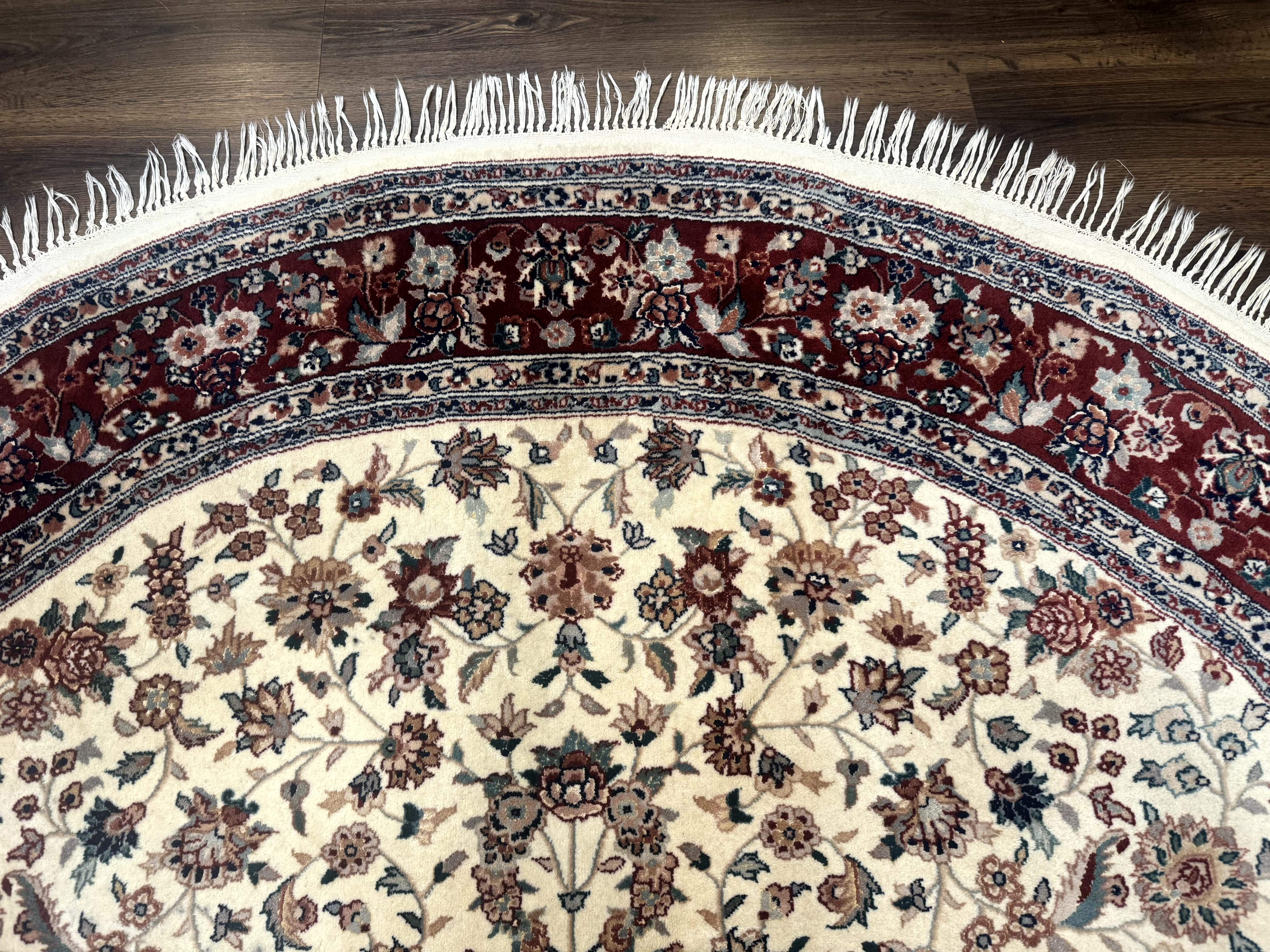 Round Sino Persian Rug 8x8, Wool and Silk, Floral Medallion, Ivory Dark Red - Jewel Rugs