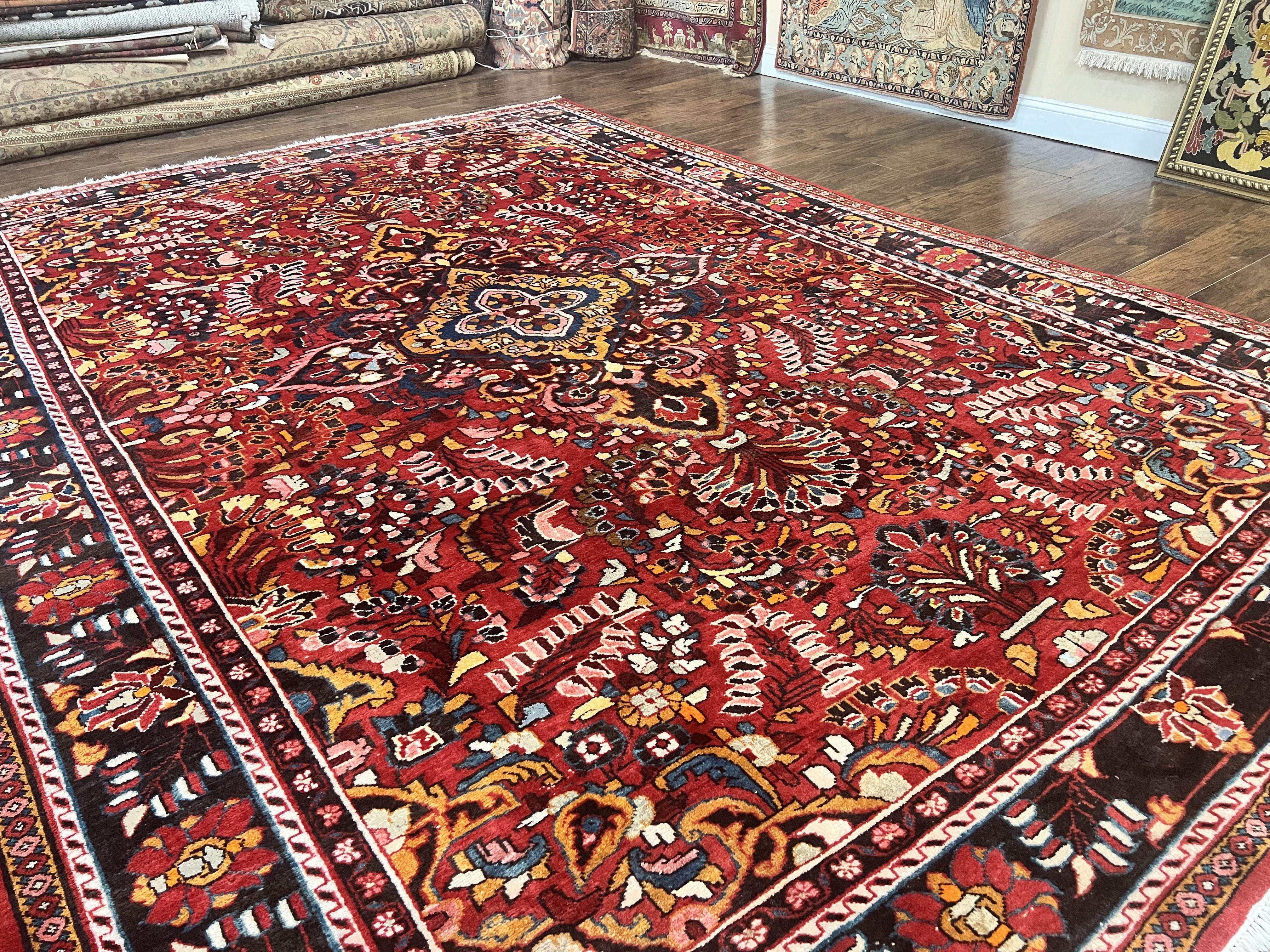 Antique Persian Lilian Rug 9x13, Wool Hand Knotted Red Persian Hamadan Carpet, Floral Medallion, Room Sized Authentic Oriental Rug - Jewel Rugs