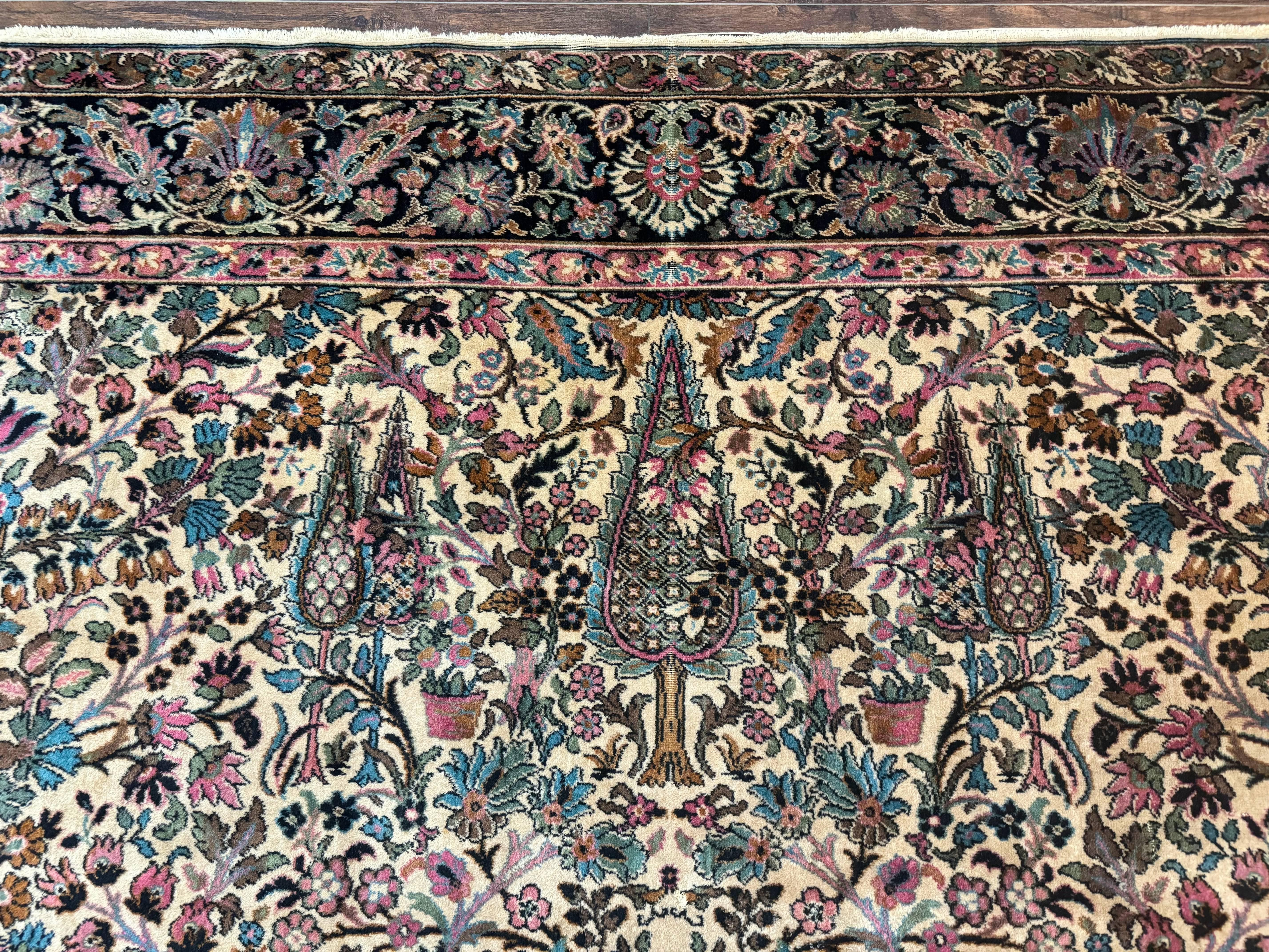 Persian Rug 9x12, Vintage Belgium Power Loomed Rug, Kirman Design, Cream and Navy Blue, Floral Allover Pattern, Wool, Cedar Trees, Gulistan - Jewel Rugs