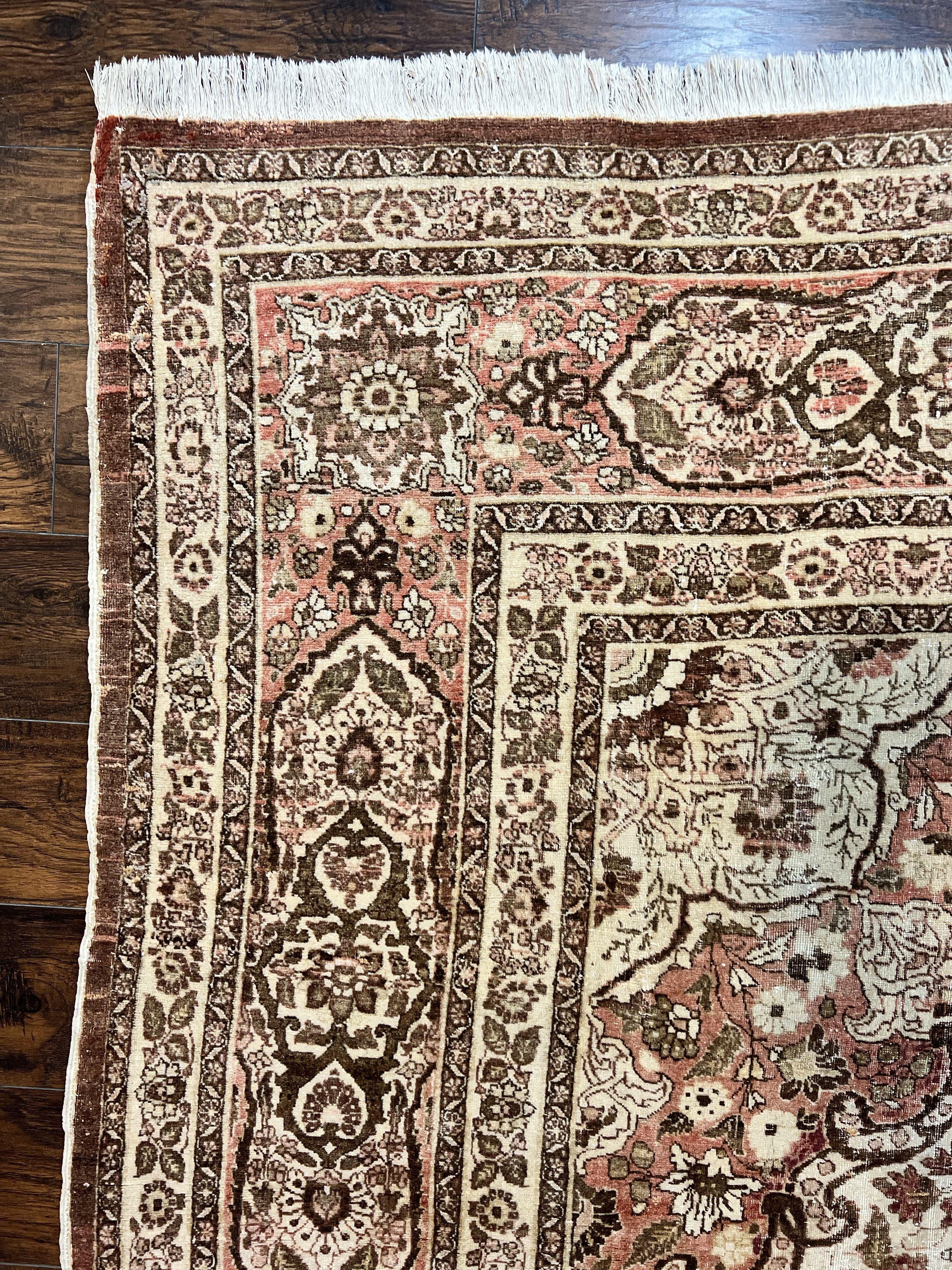 Antique Persian Tabriz Rug 10x12, Wool Hand Knotted Oriental Carpet, Beige Light Red, Floral Medallion - Jewel Rugs