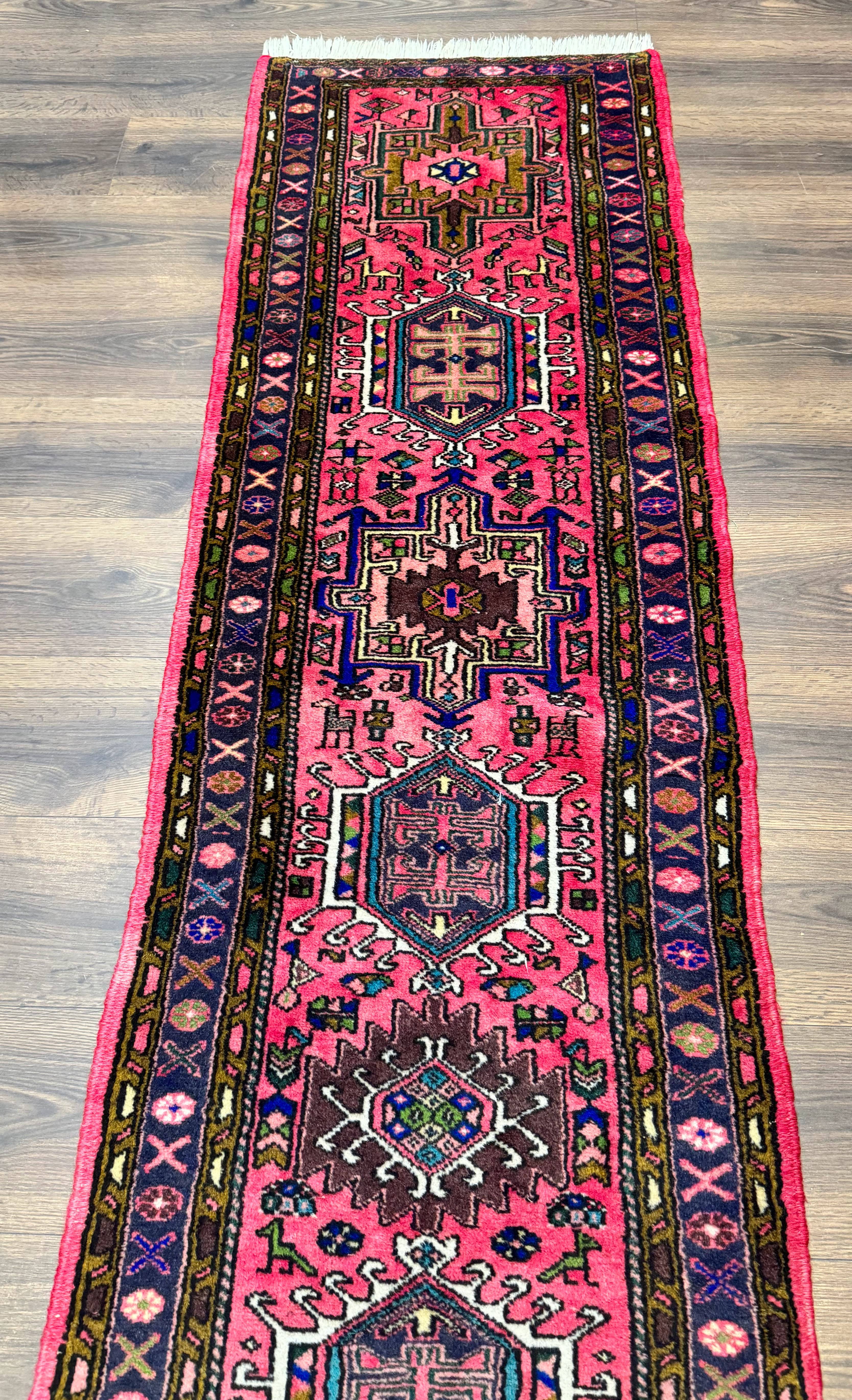 Vintage Persian Karajeh Runner Rug 2 x 9.8, Pink and Navy, Geometric Design - Jewel Rugs