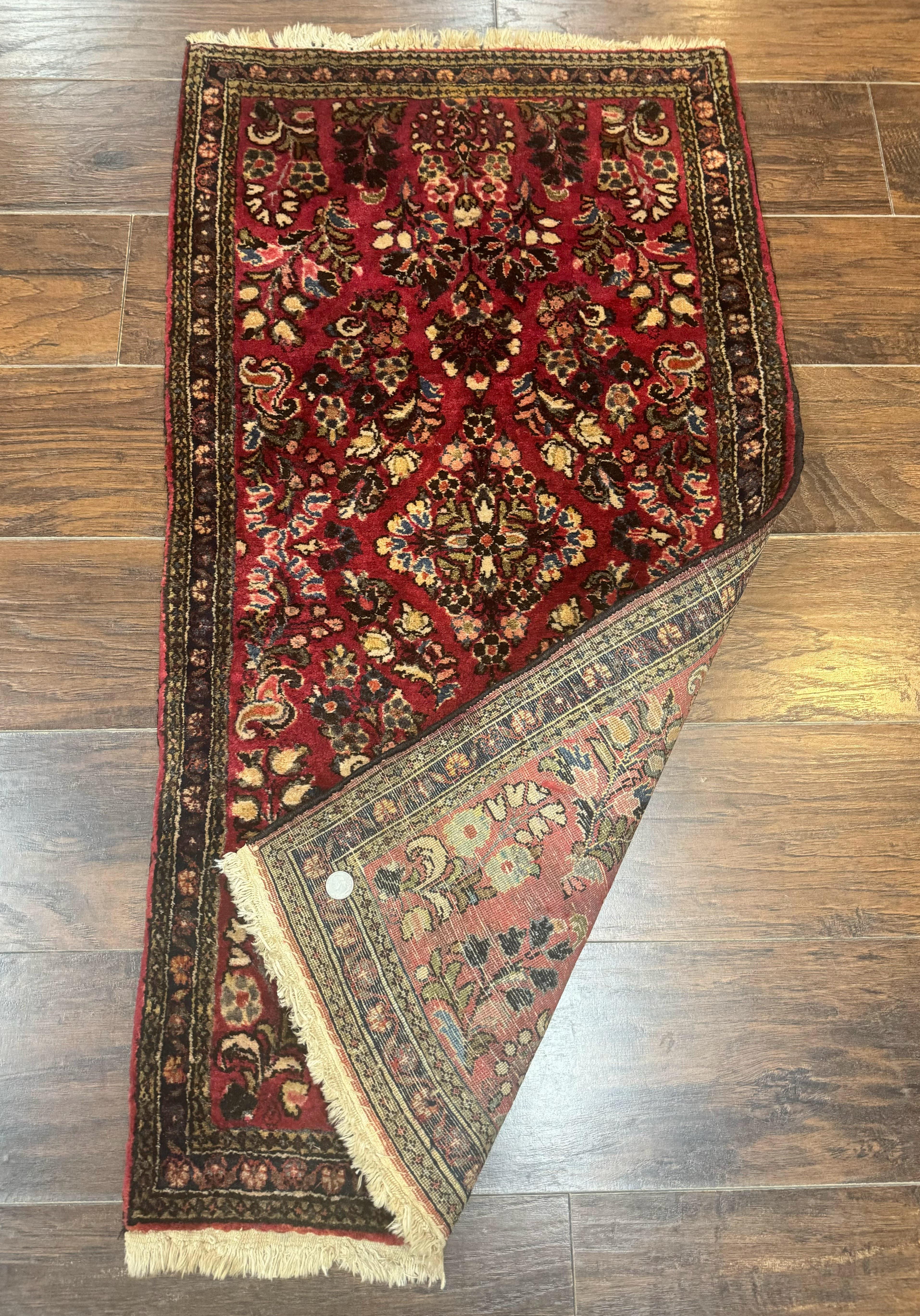 Small Persian Sarouk Rug 2x4, Floral, Red Hand Knotted Wool Traditional Oriental Carpet, Antique Persian Rug 2 x 4 - Jewel Rugs