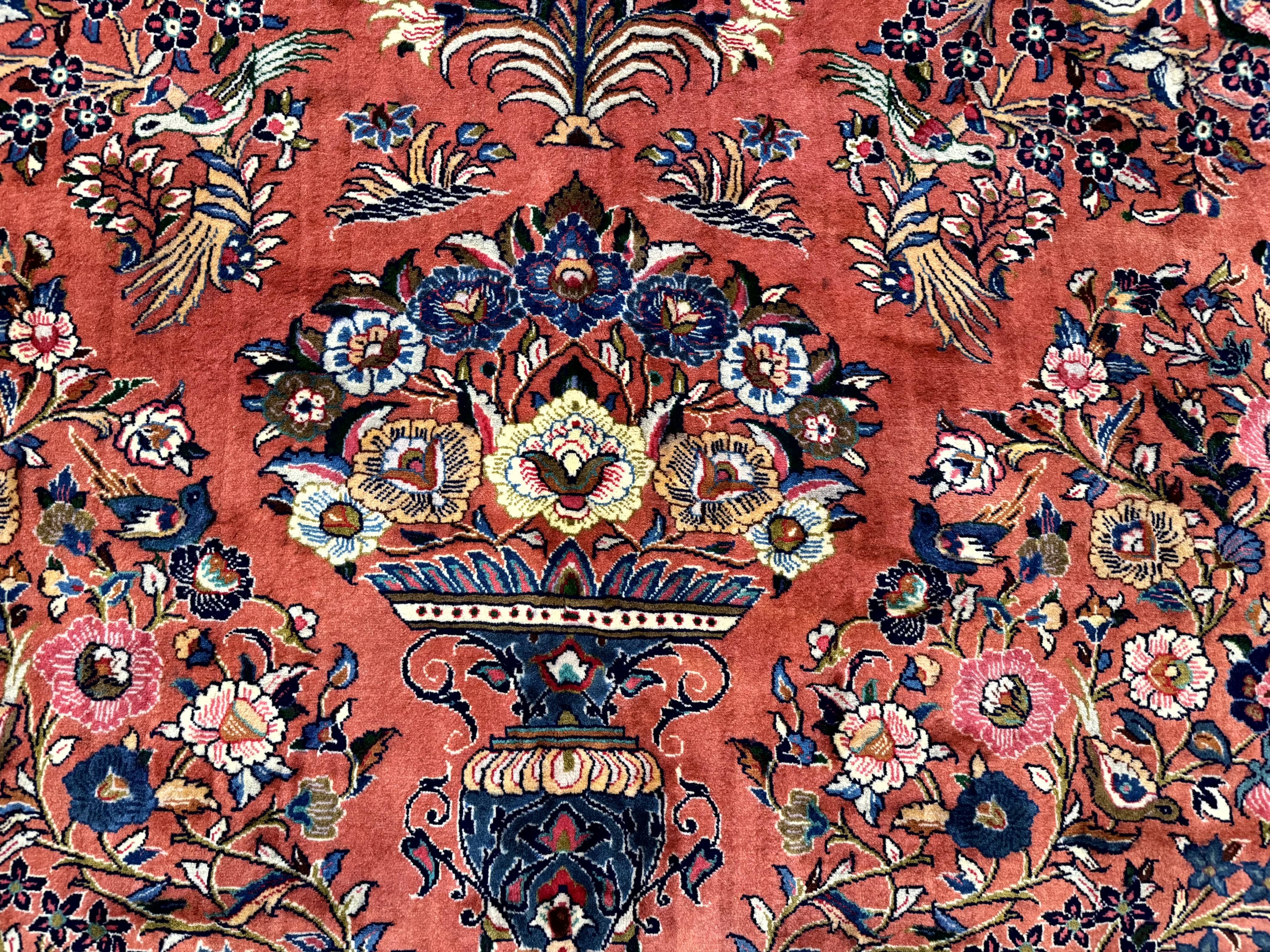 Persian Sarouk Rug 7x10, Red and Ivory, Floral Bouquets, Birds - Jewel Rugs
