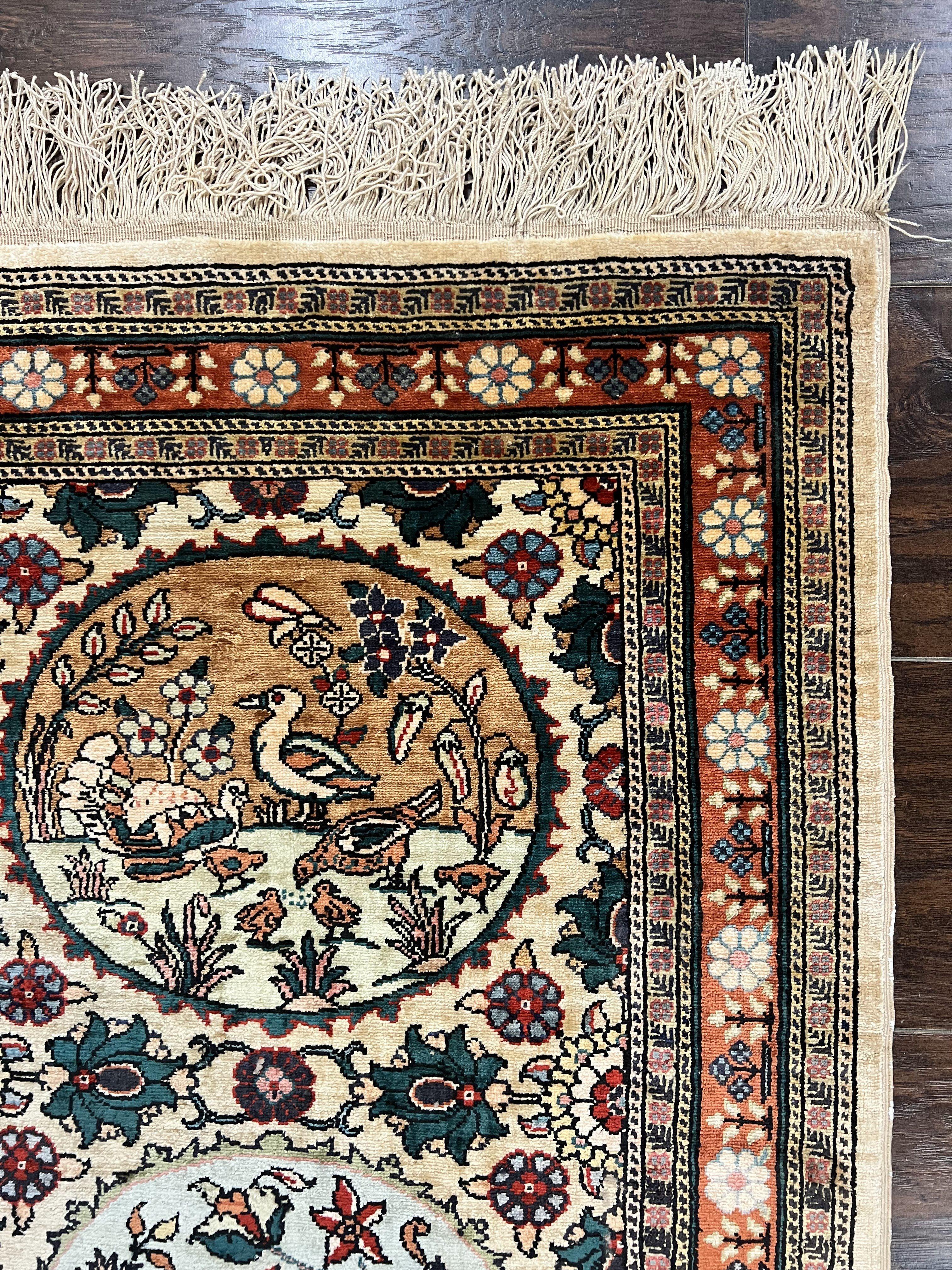 Silk Turkish Rug 2x4, Fine Handmade Oriental Rug, Animal Pictorial Birds Silk Pile on Silk Foundation Vintage Hand Knotted Hereke Carpet - Jewel Rugs