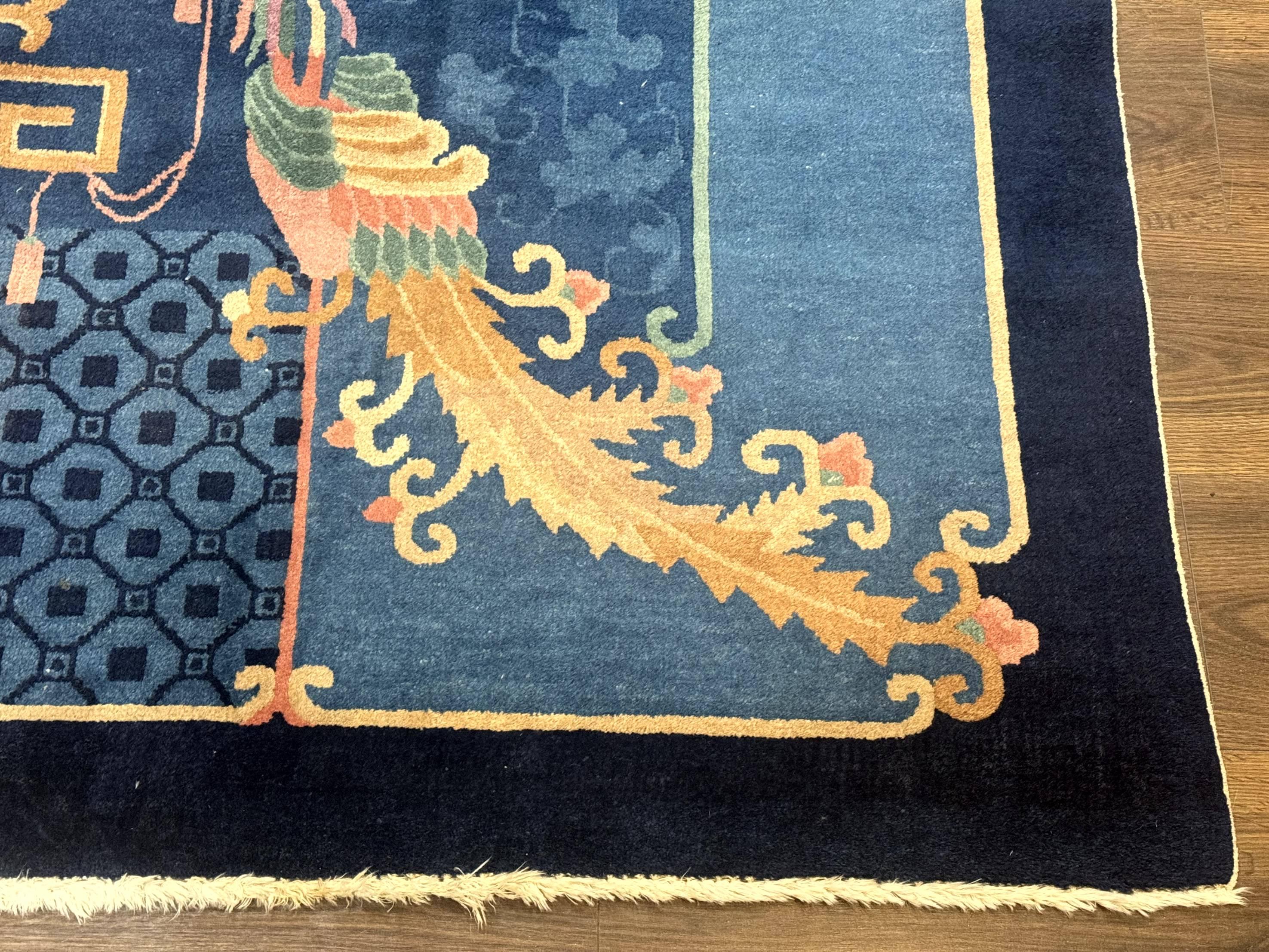 Blue Chinese Wool Rug 6x9, Chinese Peking Rug, Peacocks and Vases, Vintage Carpet - Jewel Rugs