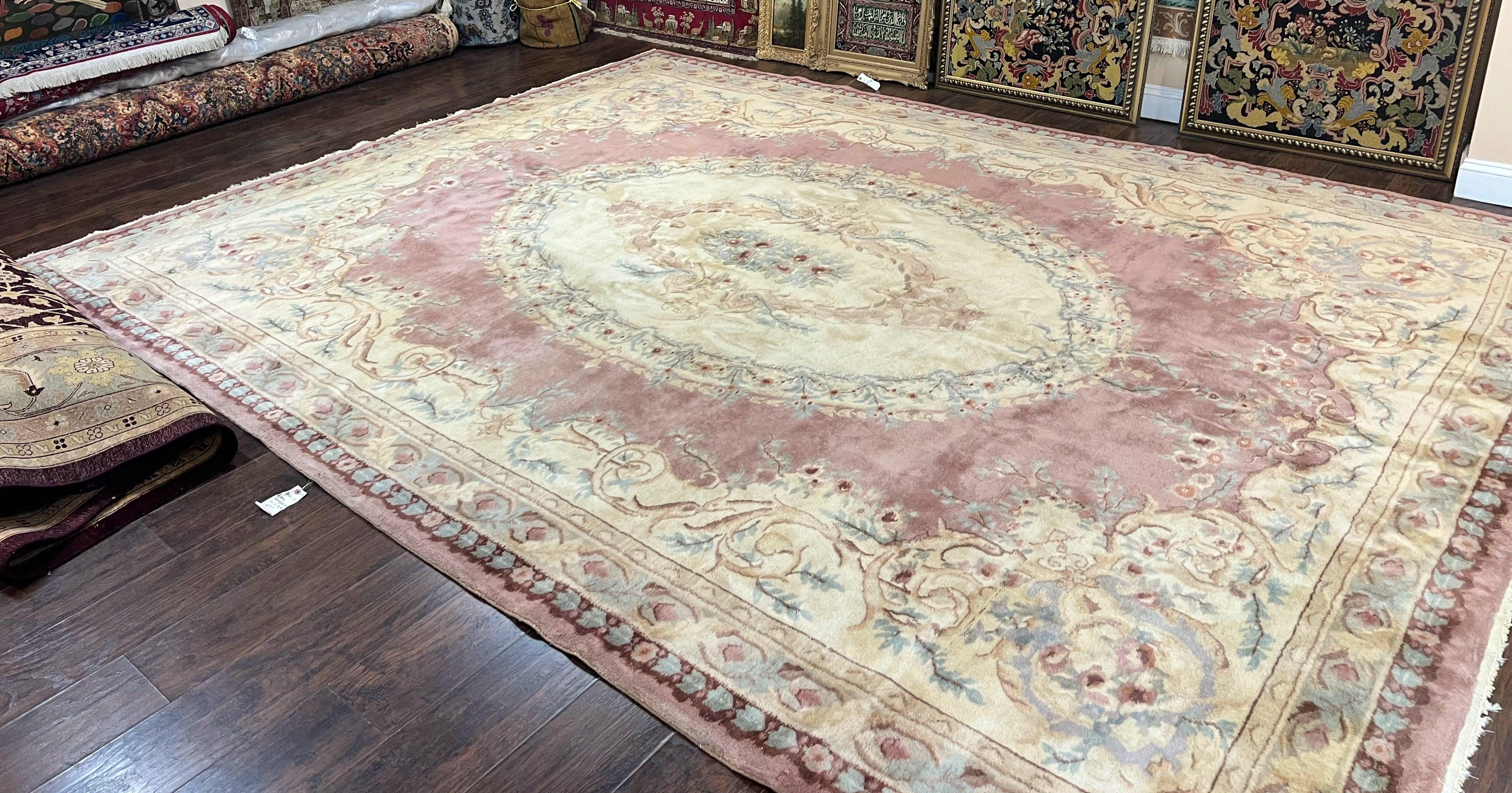 Indo Chinese Aubusson Wool Rug 10x14, Pink and Cream, Handmade Vintage Wool Carpet, Elegant European Design - Jewel Rugs
