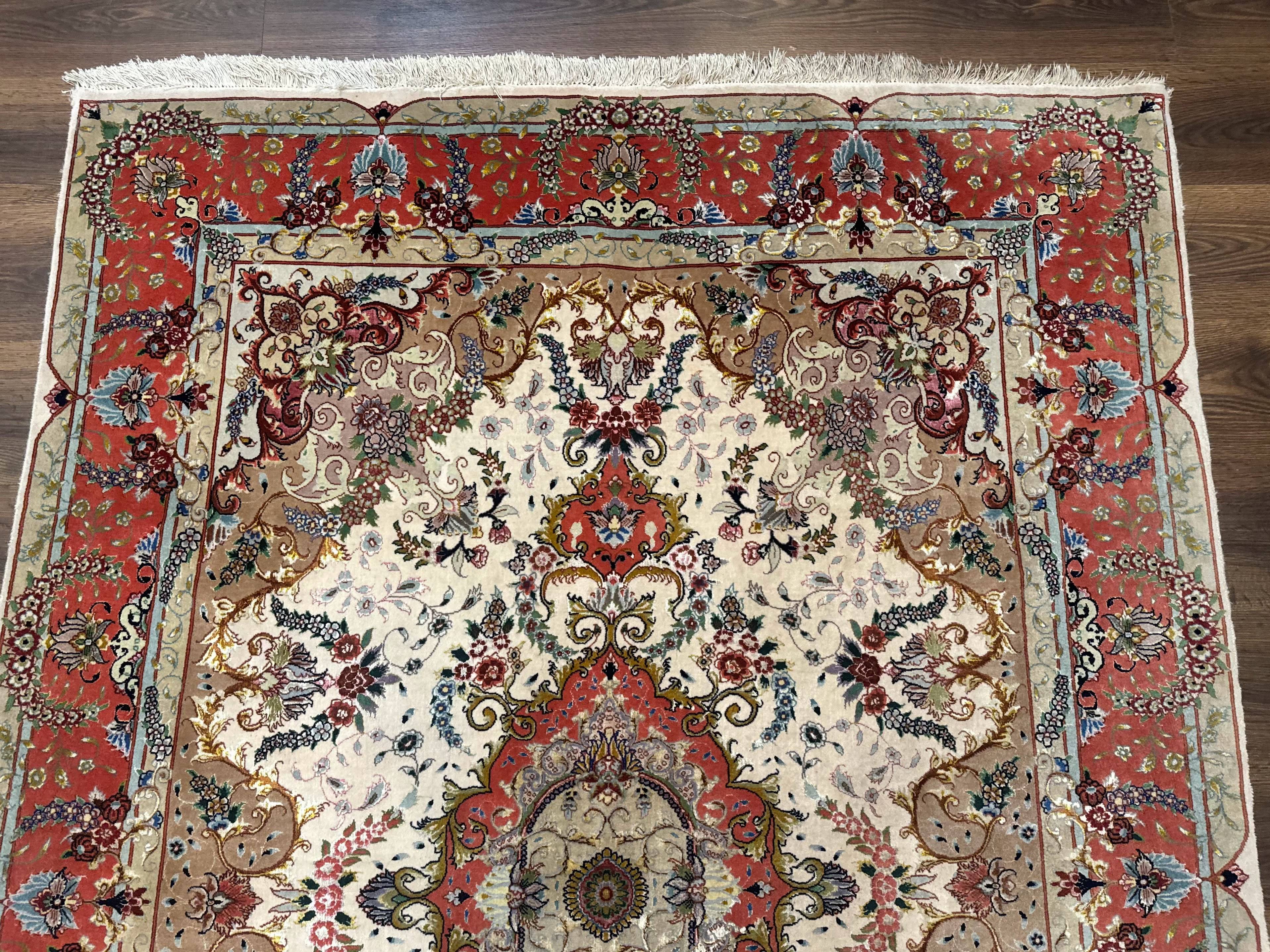 Wonderful Persian Tabriz Rug 5x7, Very Fine 440 KPSI, Ivory and Coral, Rare - Jewel Rugs