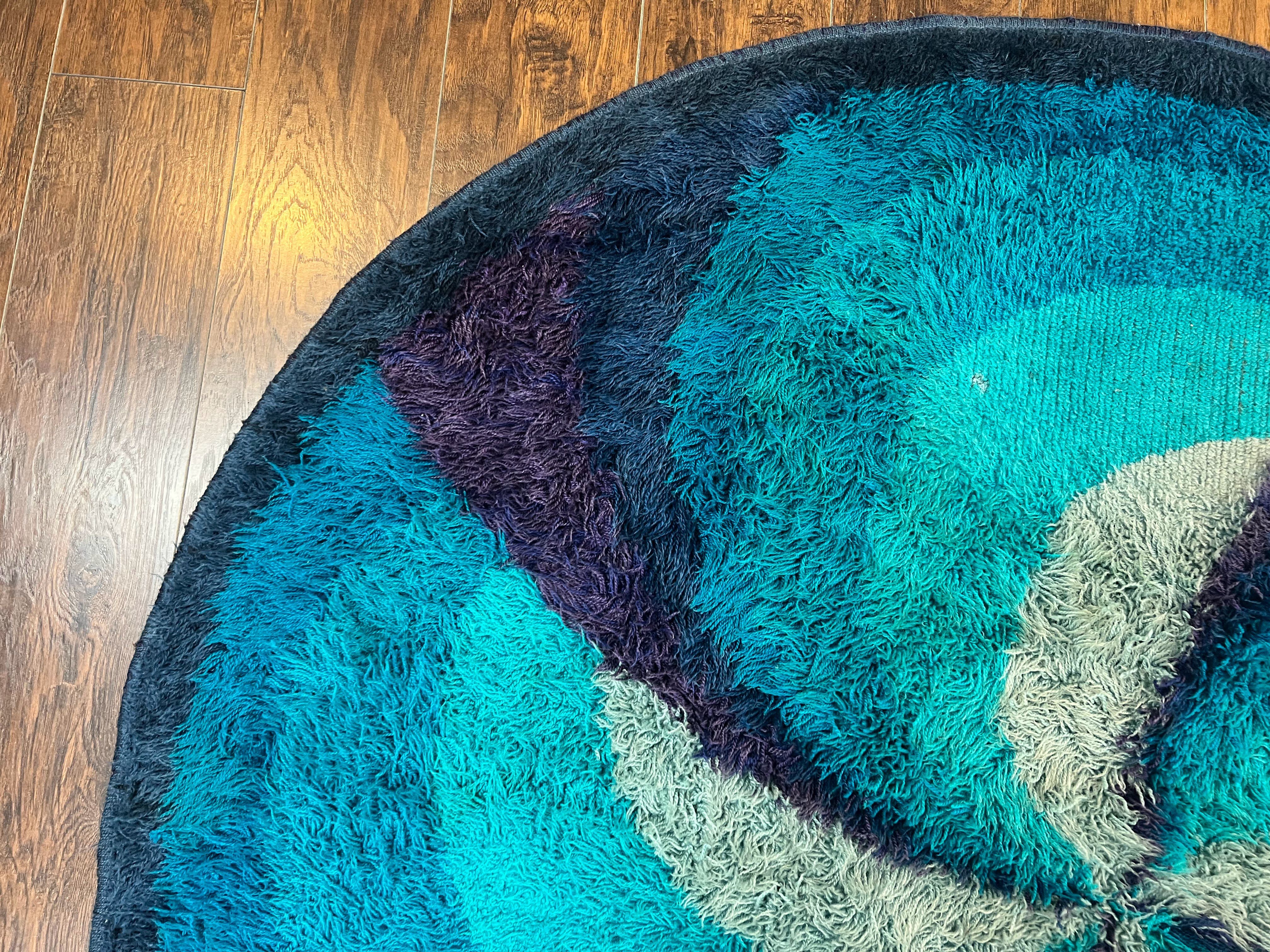 Round Rya Shag Rug 6x6 ft, Round Danish Rug, Shades of Blue, Mid Century 1960s Vintage Retro Area Rug 6ft Round - Jewel Rugs