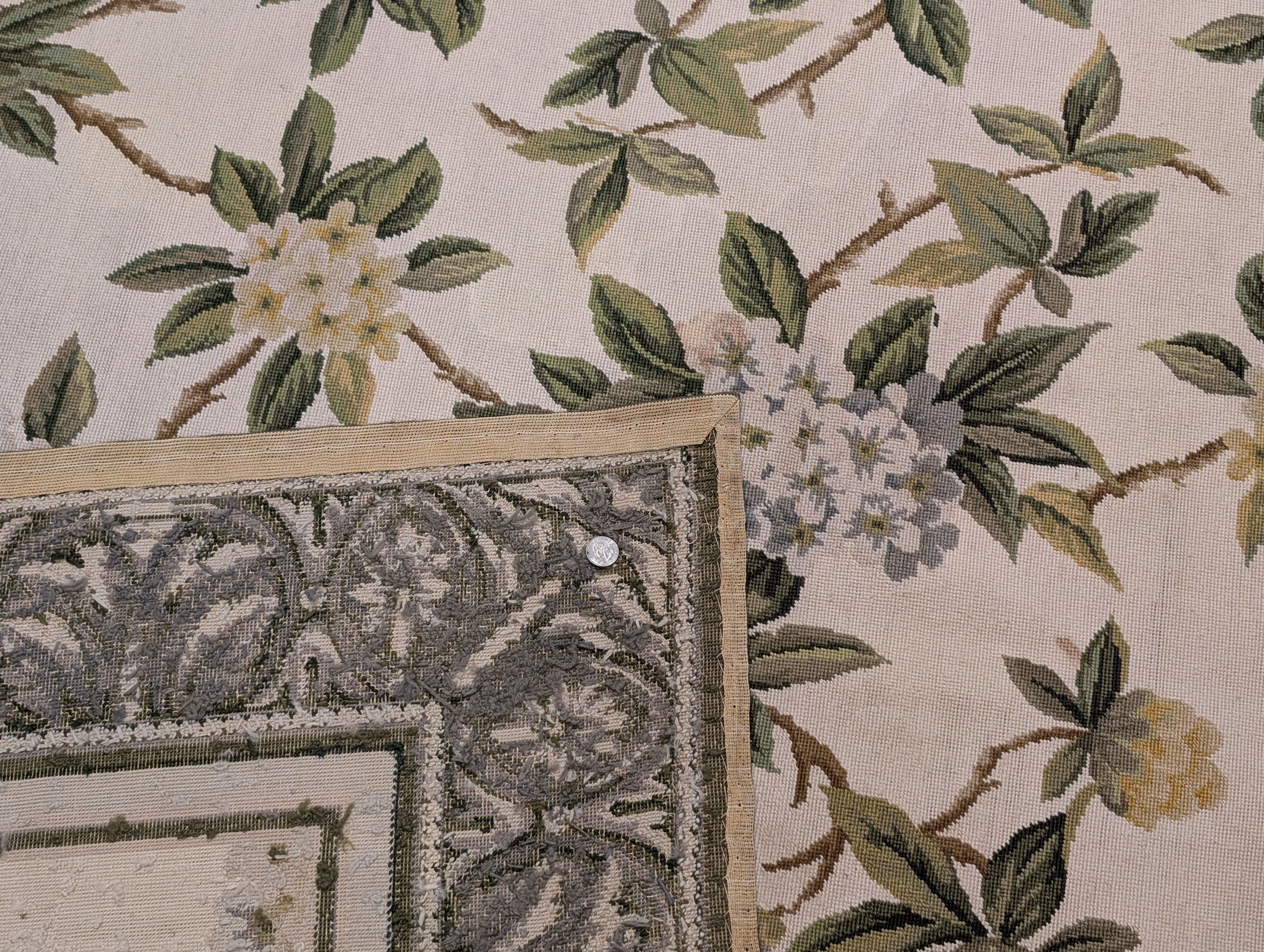 Needlepoint Rug 9x12, Floral, Ivory and Green, Wool - Jewel Rugs