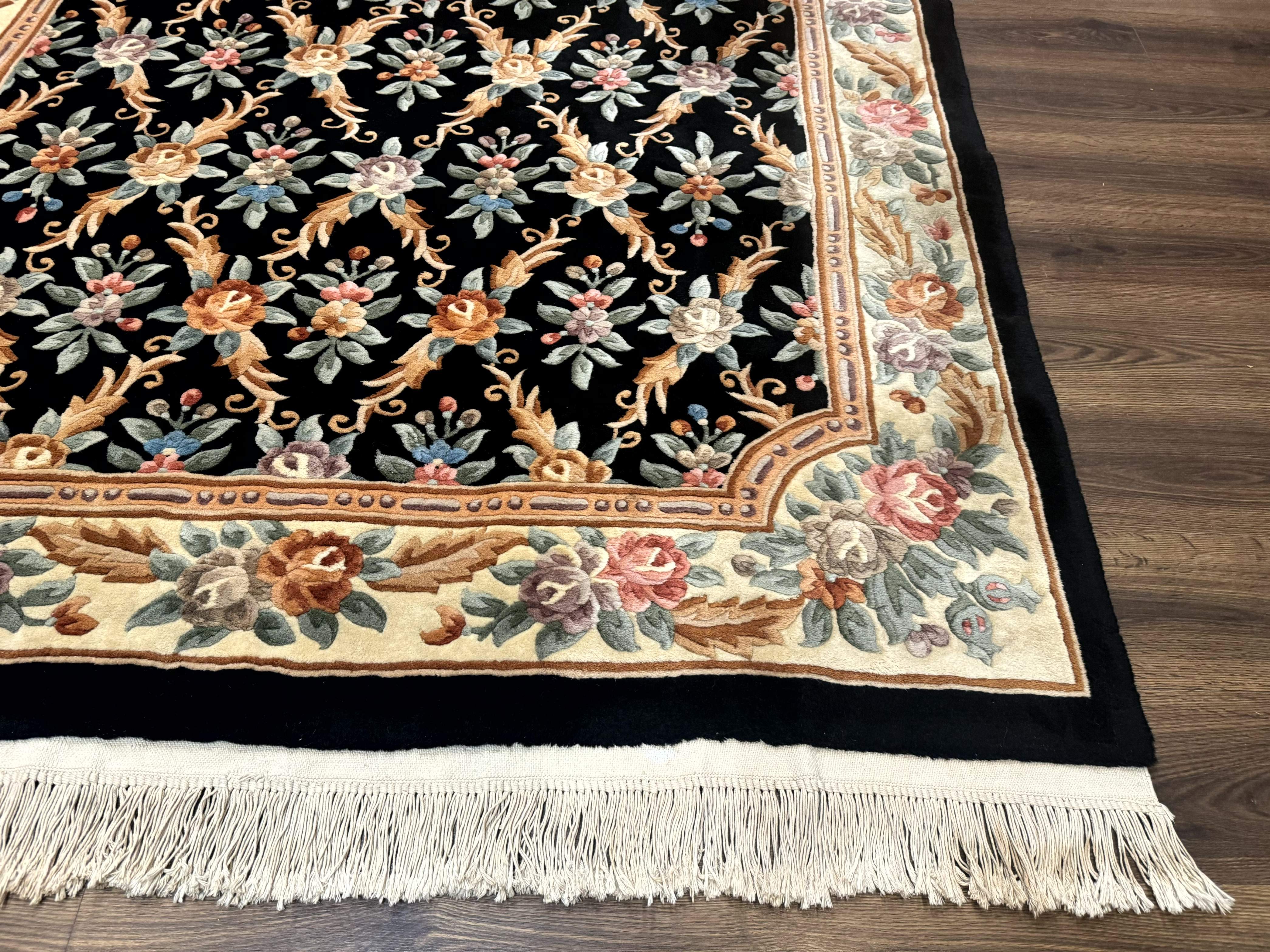 Chinese Wool Rug 6x9, Floral Aubusson Carpet, Black and Cream, 90 Line Rug - Jewel Rugs