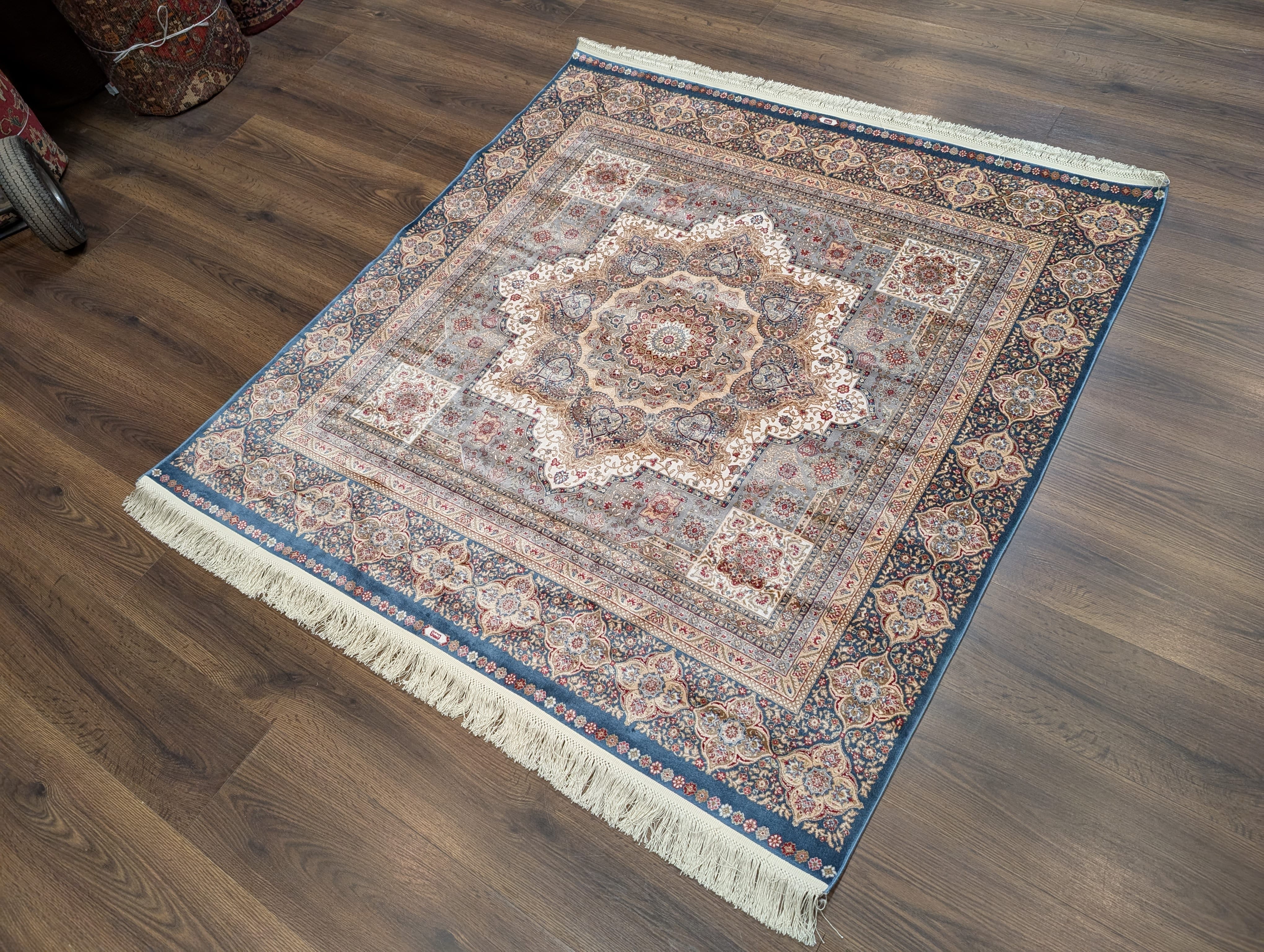 Square Turkish Silk Rug 5x5, Mamluk Design, Detailed, New, Bamboo Silk - Jewel Rugs