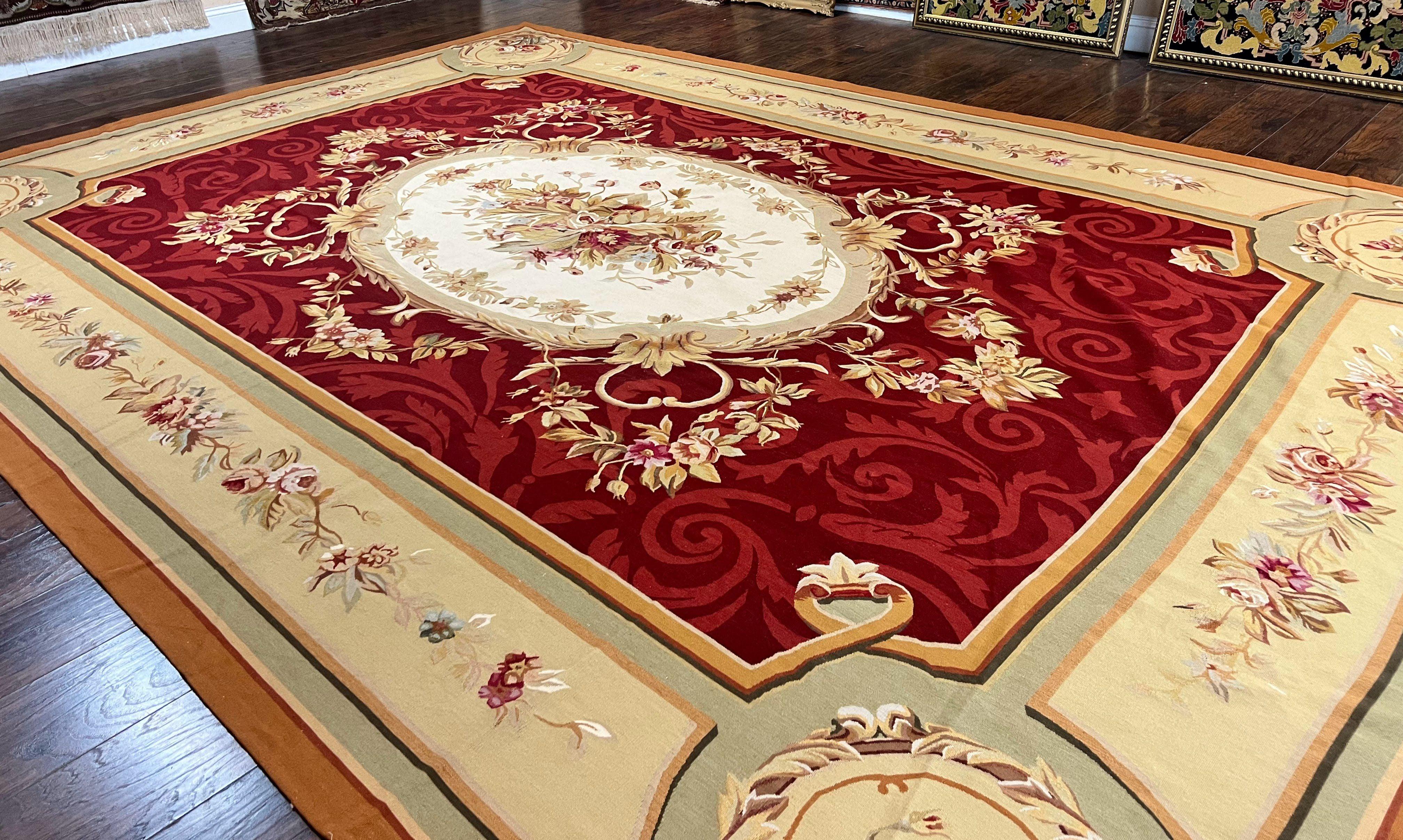 Large Aubusson Rug 10x14, Wool Handmade Vintage Carpet, Dark Red Ivory Tan, French European Elegant Aubusson Weave Rug - Jewel Rugs