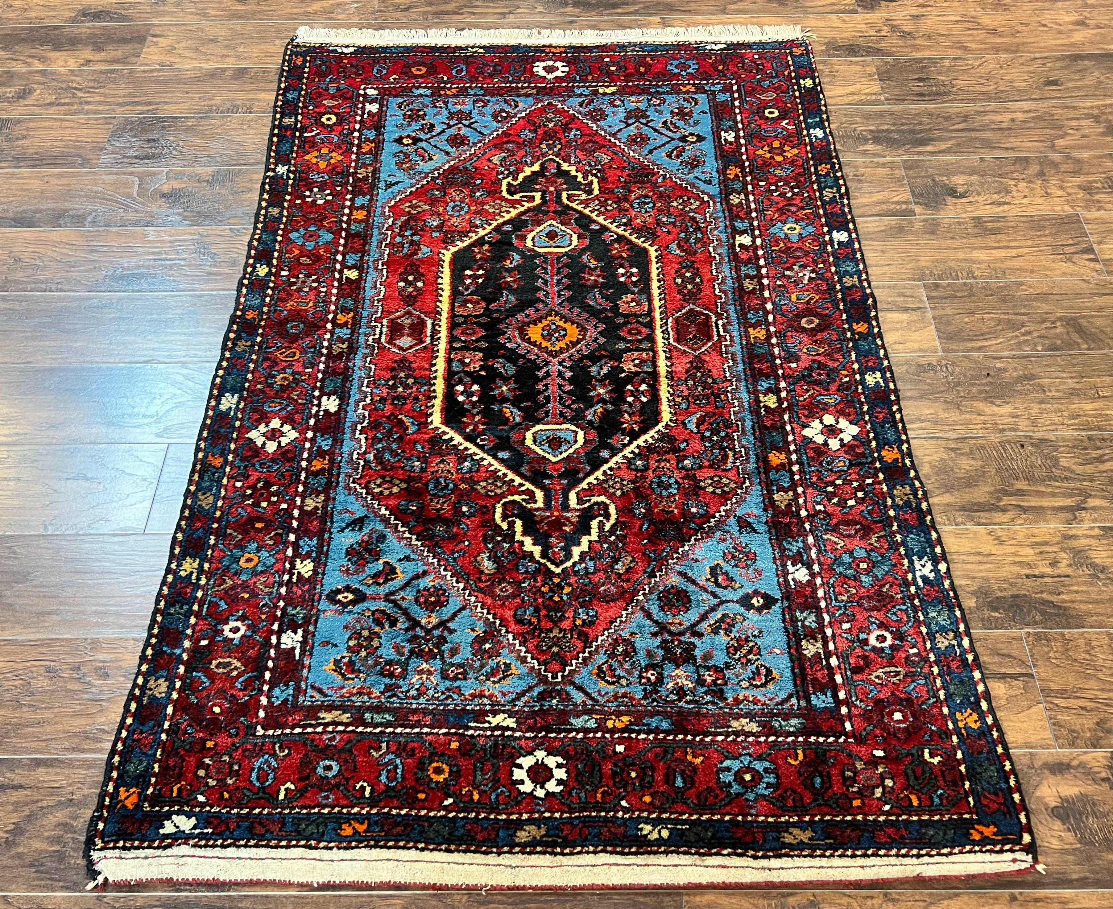 Antique Persian Tribal Rug 4x7, Wool Handmade 1920s Carpet, Red Blue, Persian Hamadan Rug - Jewel Rugs