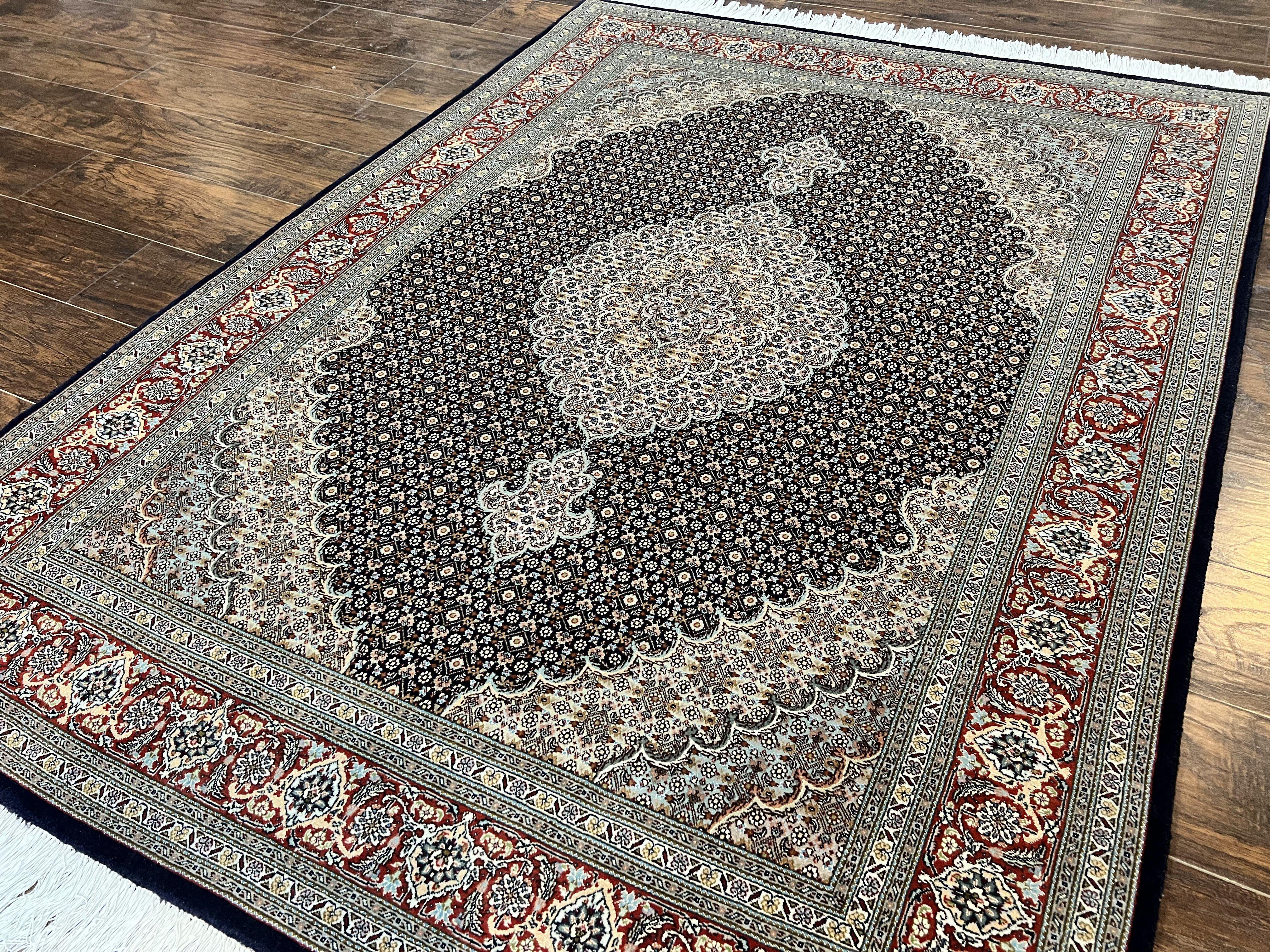 Persian Tabriz Rug 5x7, Wool with Silk Highlights, Hand Knotted Vintage Oriental Carpet, Very Fine, Herati Mahi Pattern, Black, Rare - Jewel Rugs