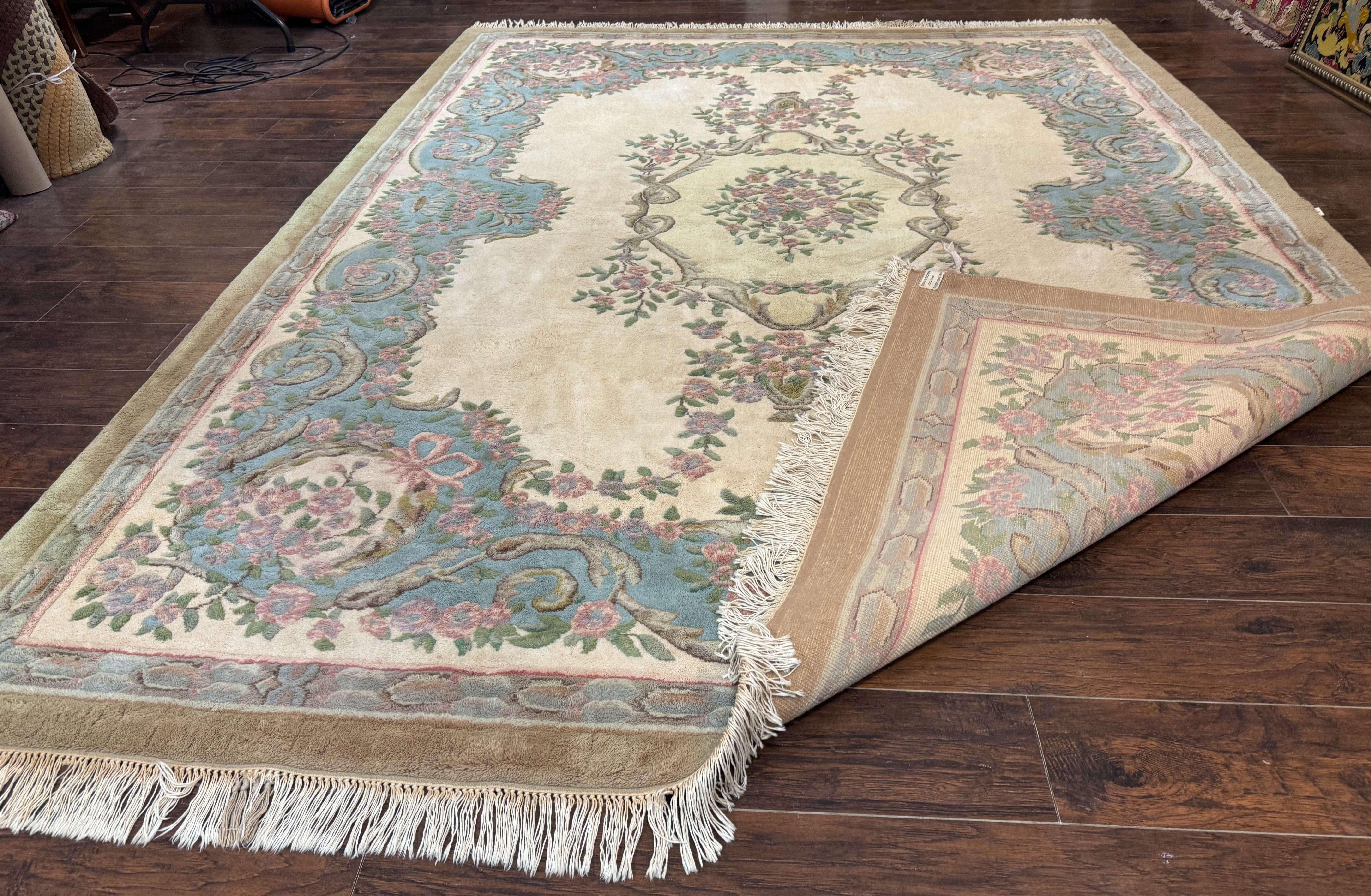 Indo Chinese Aubusson Rug 9x12, Beige and Light Blue, European Design, Wool Area Rug - Jewel Rugs