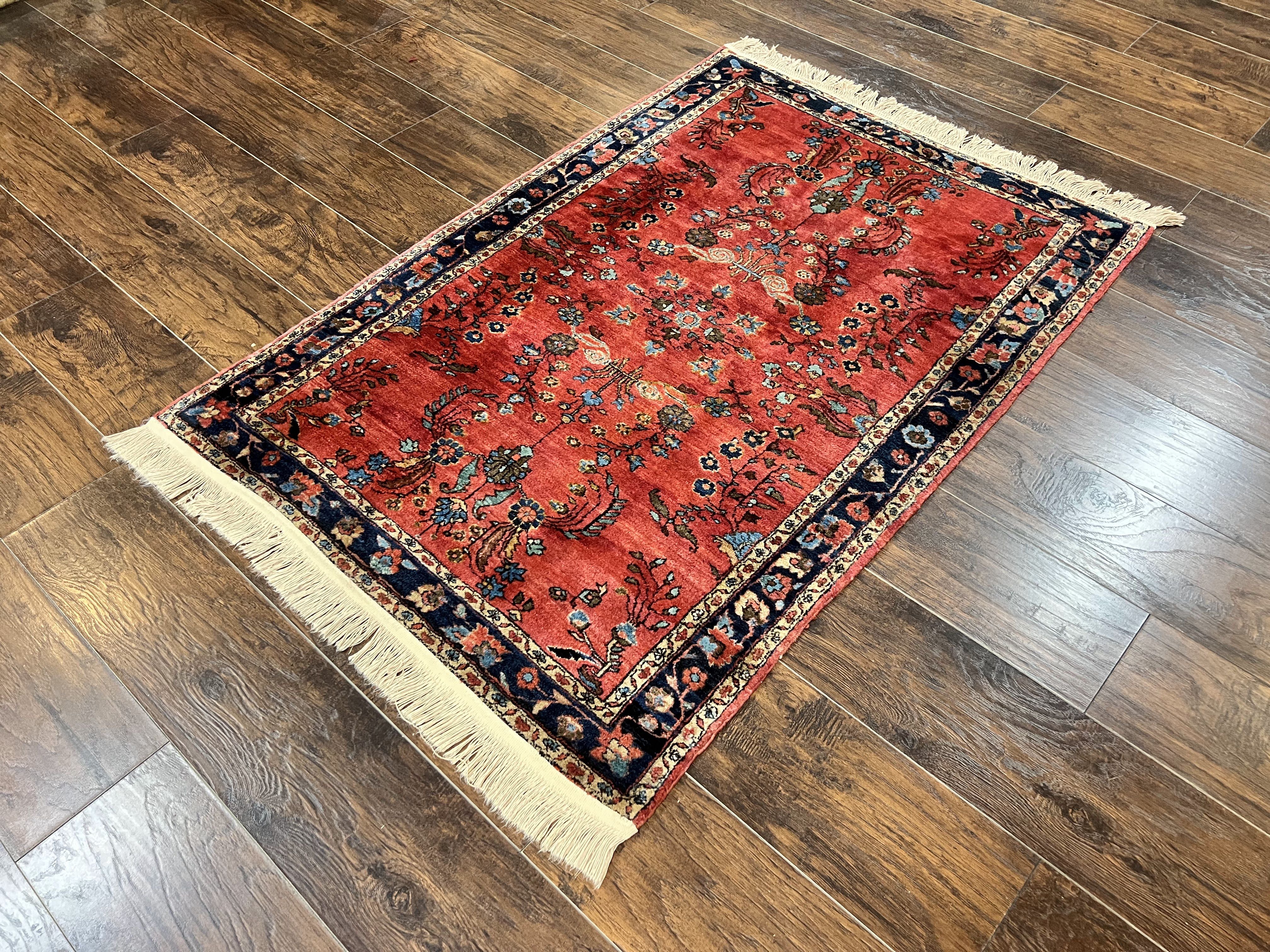 Persian Sarouk Rug 3x5, Antique Persian Carpet, Red and Navy Blue, Hand Knotted Handmade Floral Wool 1920s Fine Oriental Rug - Jewel Rugs