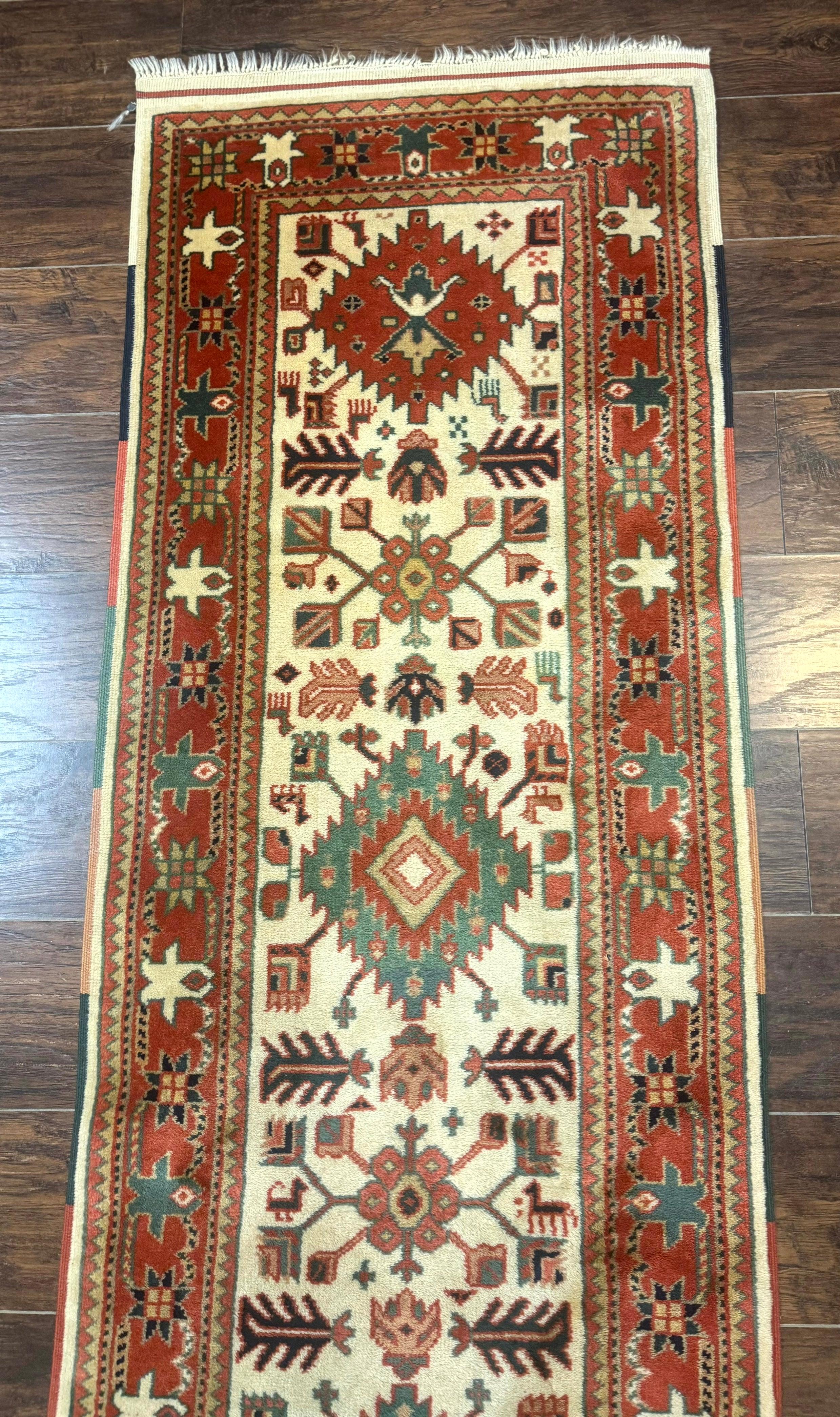 Turkish Runner Rug 2.4 x 8, Kazak Geometric Heriz Pattern, Beige Red - Jewel Rugs