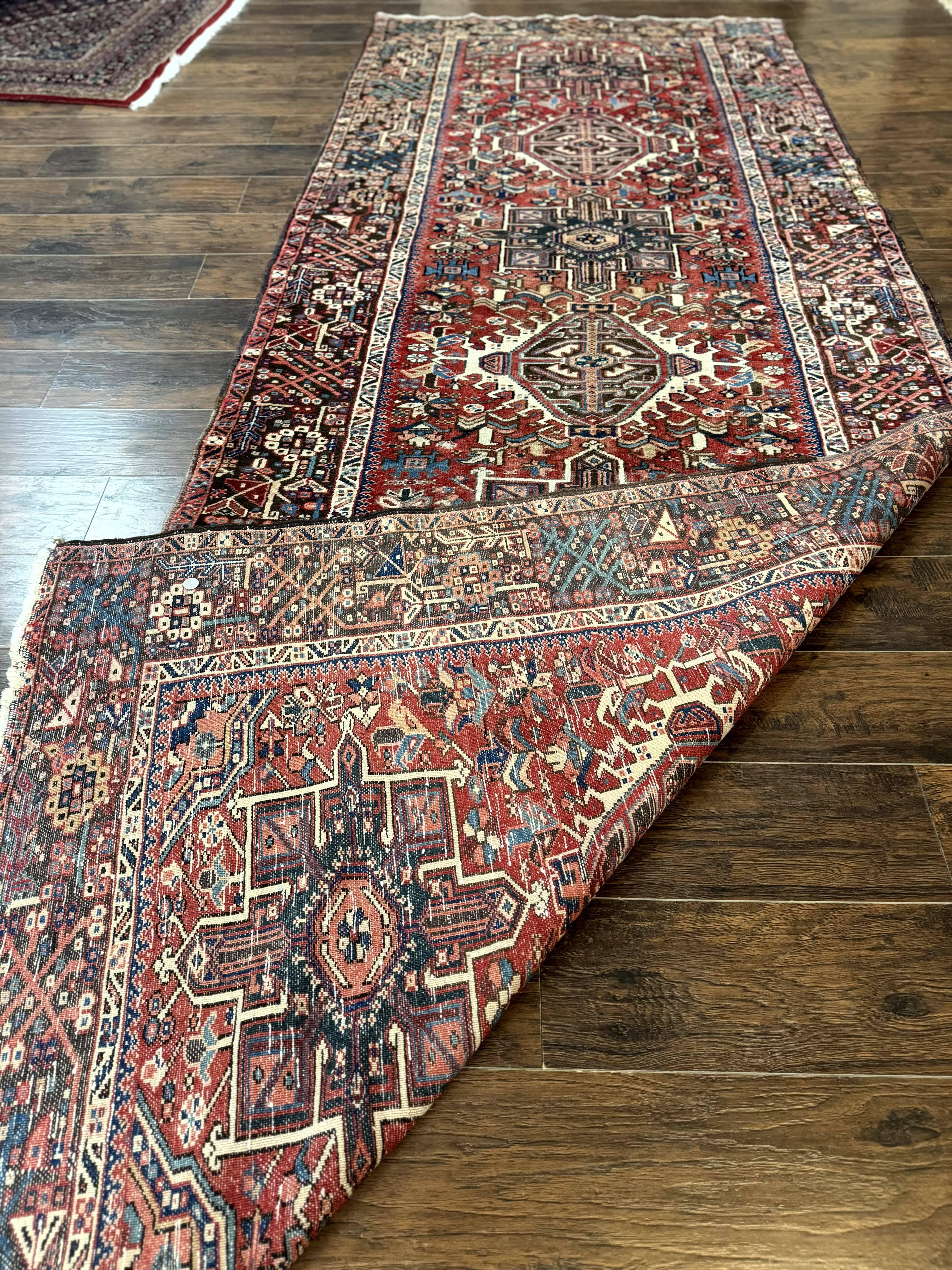 Perisan Heriz Rug 5x13, Wide Runner Rug, Geometric Medallions Tribal Carpet, Antique, Red, Rare Size, Wool Handmade Runner - Jewel Rugs