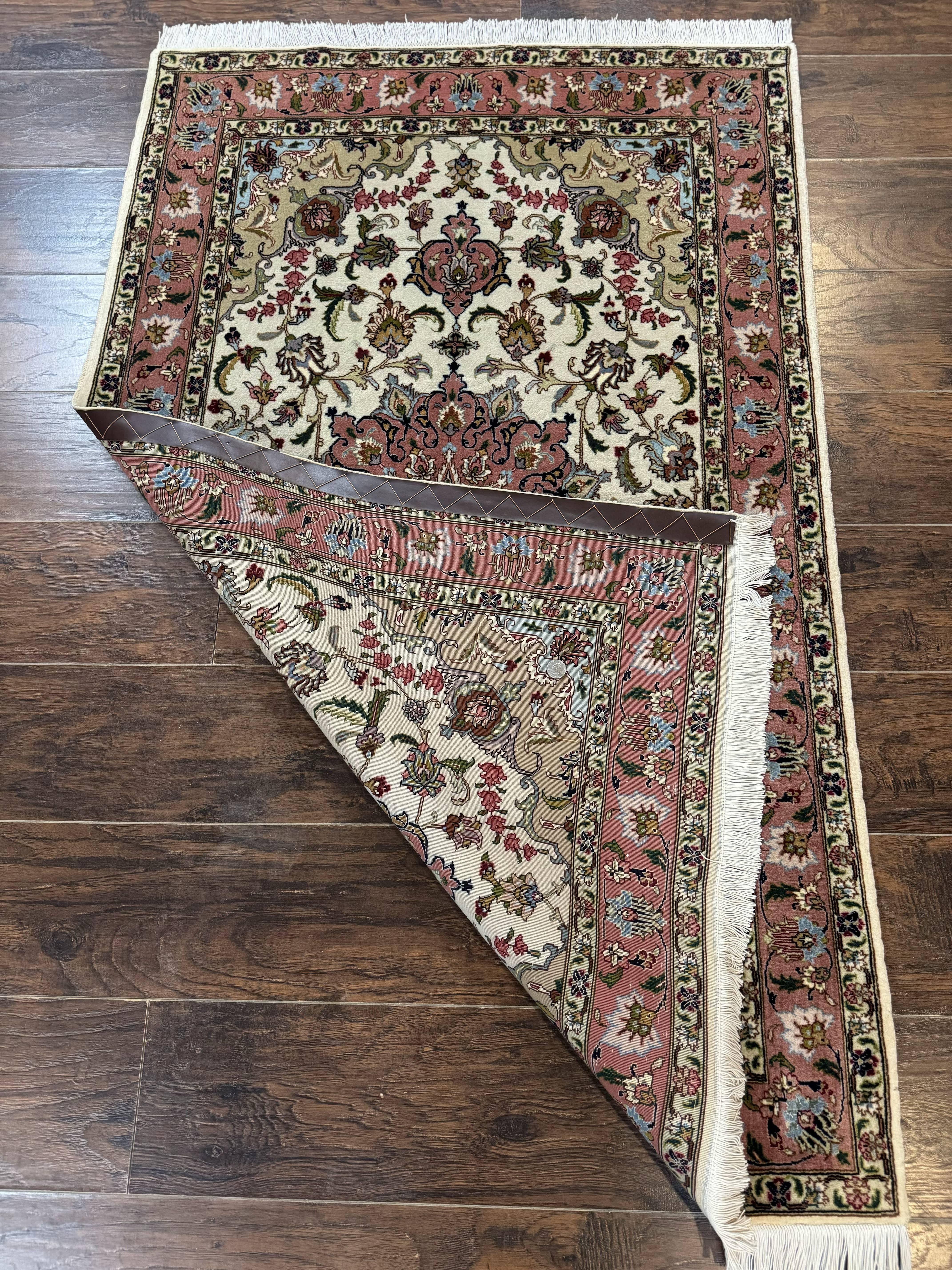 Fine Persian Tabriz Rug 3x5, Floral Medallion, 340 KPSI, Ivory Salmon - Jewel Rugs