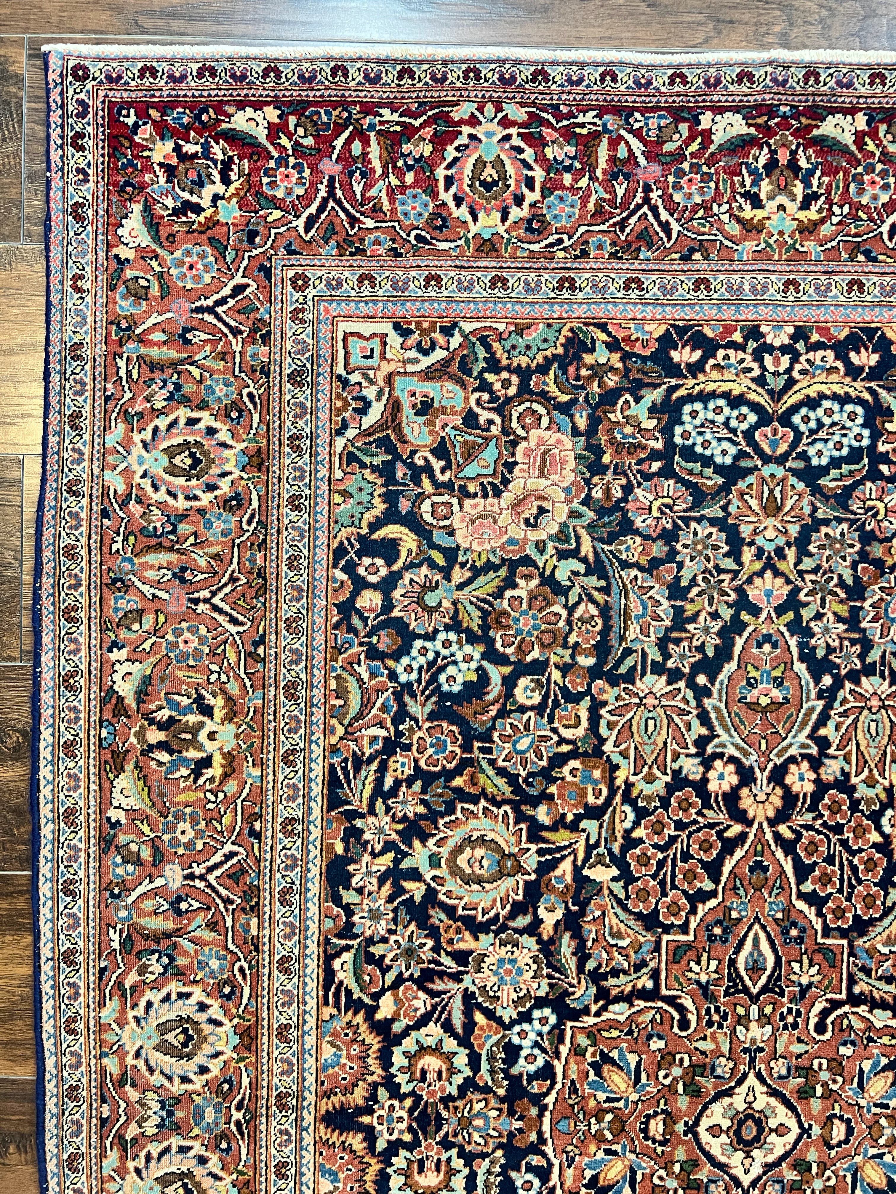 Persian Kashan Rug 4x7, Floral Medallion Vintage Handmade Hand Knotted Navy Blue & Red Wool Oriental Carpet, Highly Detailed Semi Antique Rug - Jewel Rugs